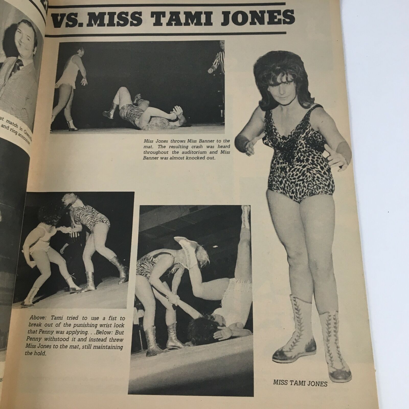 Image from the Wrestling Revue Magazine April 1972 showing Miss Tami Jones during a wrestling match, capturing the energy and athleticism of women's wrestling in the 1970s.