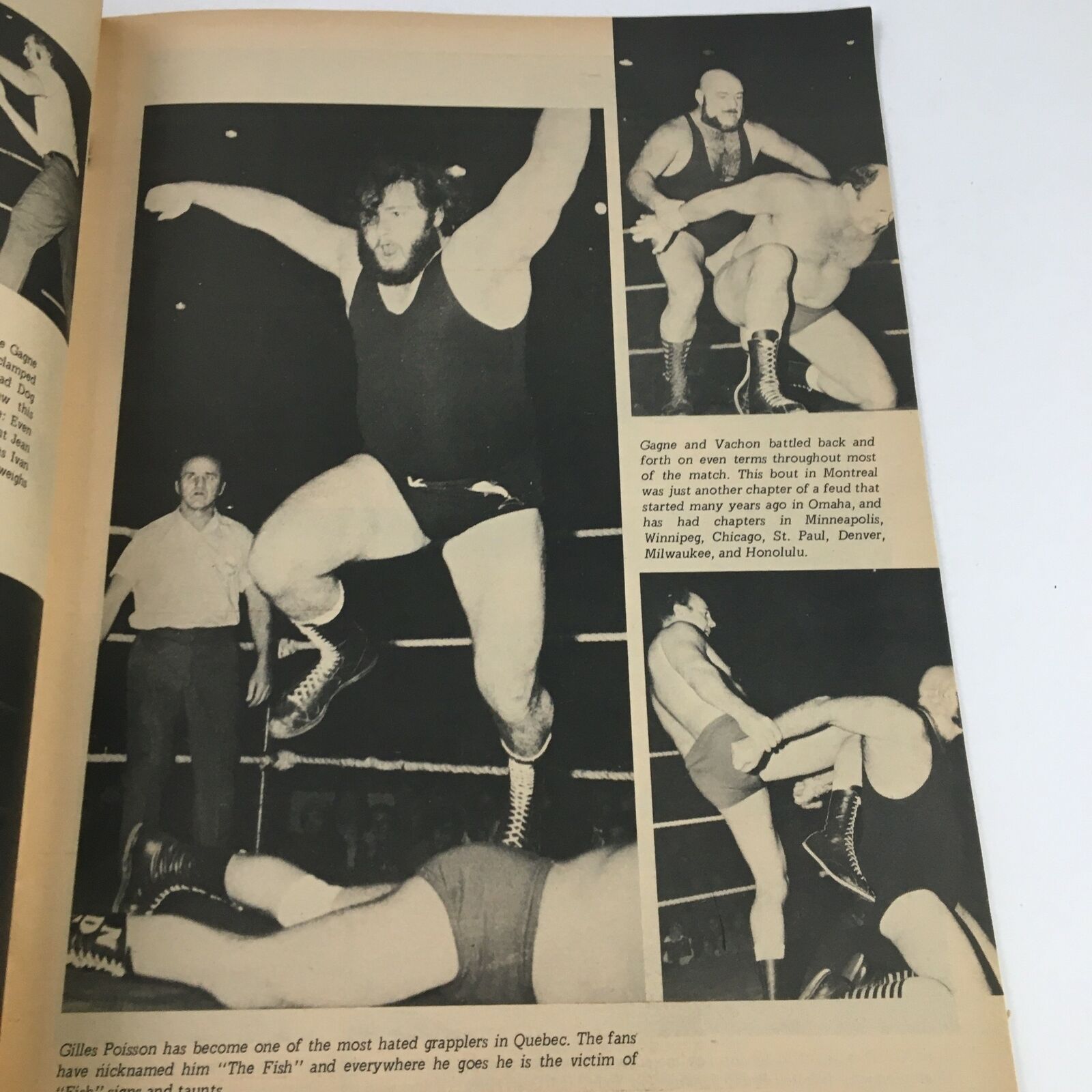 Action shot from the Wrestling Revue Magazine April 1972, depicting grapplers Gagne and Vachon in a wrestling match, showcasing the rivalry and athletic combat of classic wrestling history.