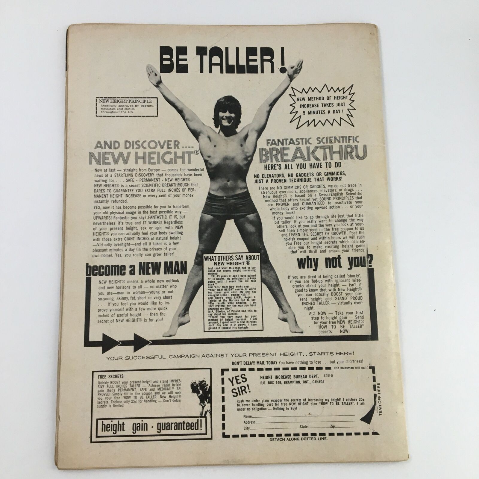 Wrestling Revue Magazine April 1972 promotional page featuring a vintage advertisement for a height increase program, showcasing a muscular man posing with raised arms, emphasizing the benefits of the program. This magazine is a must-have for wrestling fans and collectors.
