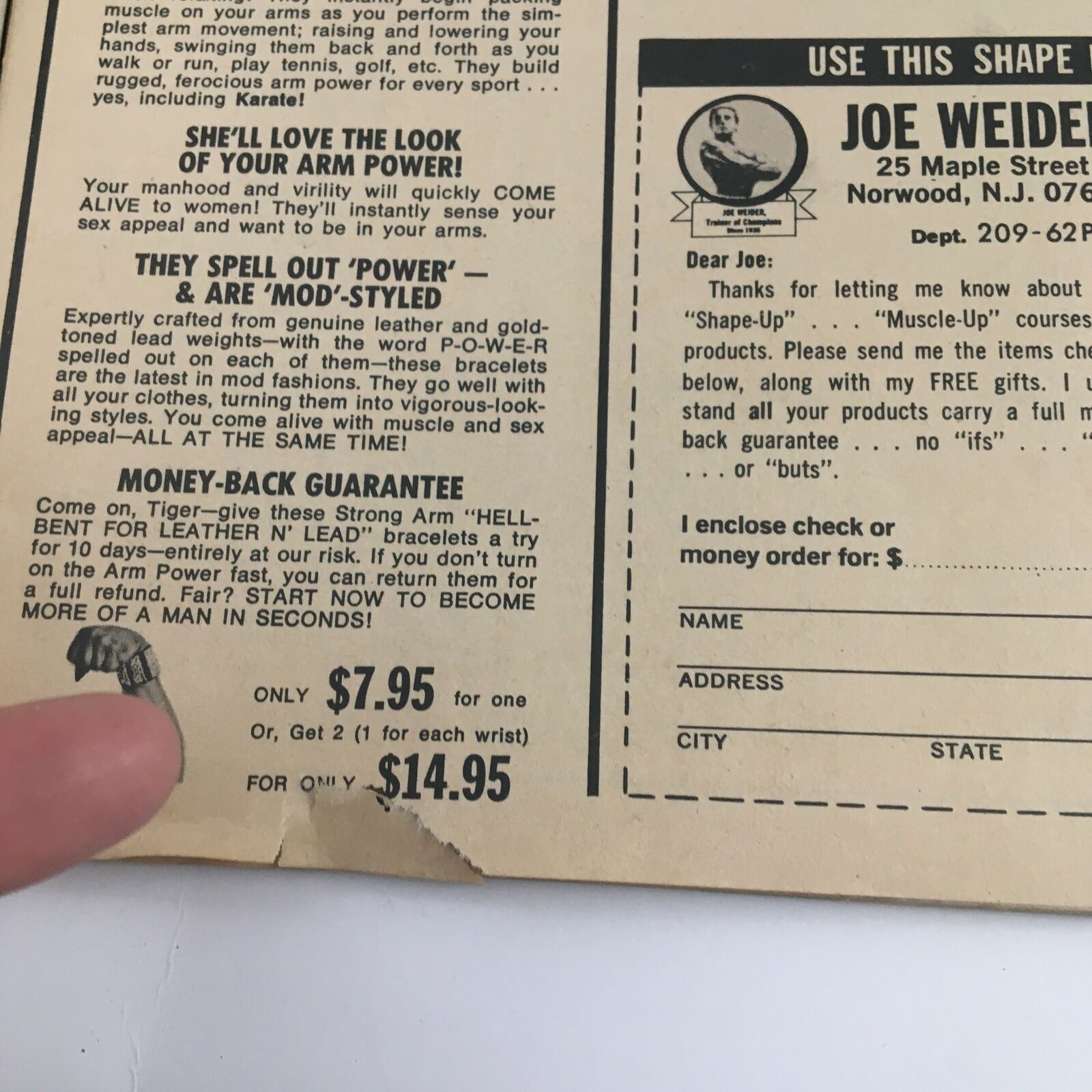 Inside Wrestling Magazine July 1972 advertisement for Joe Weider's muscle products, showcasing pricing and a promotion for muscle development gear.