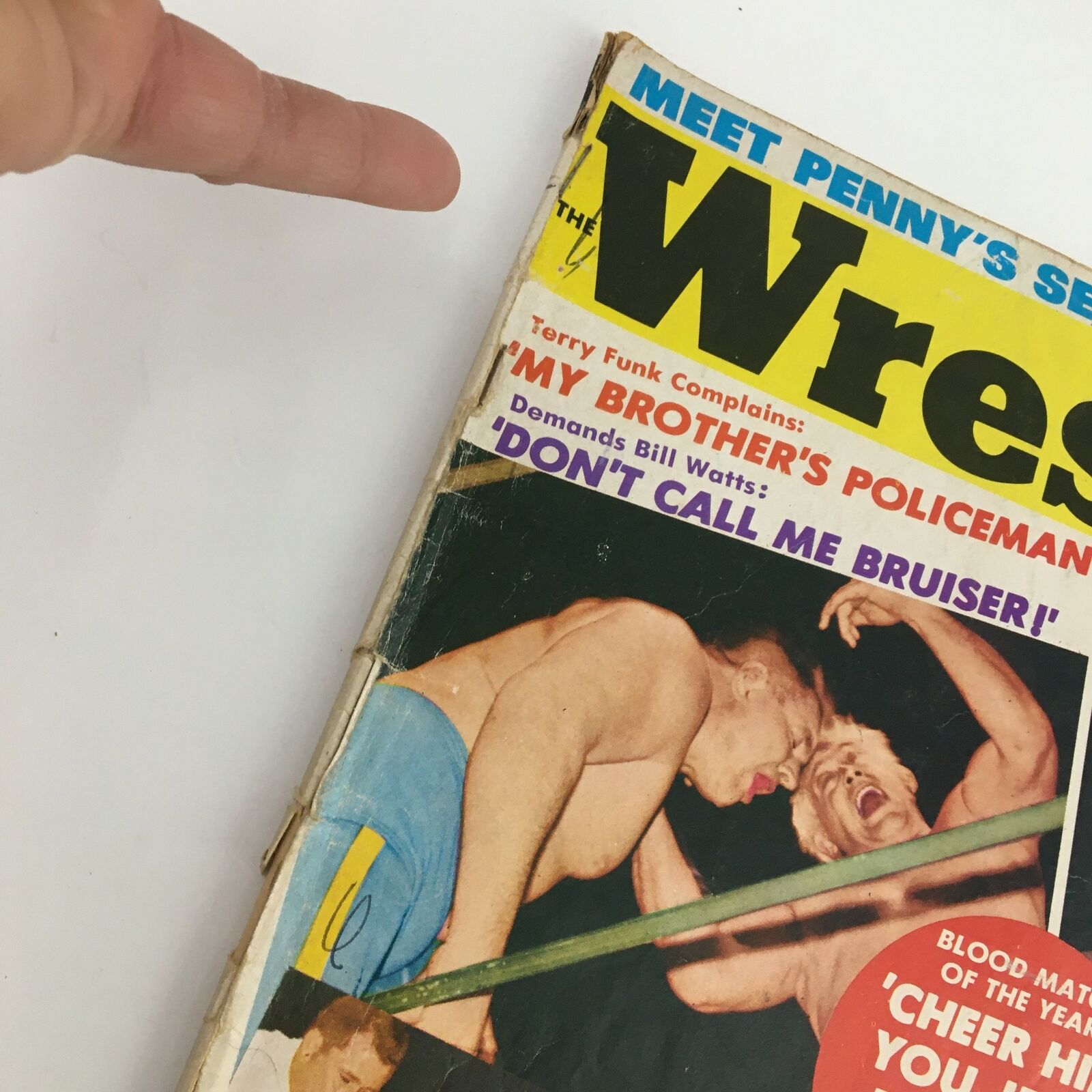 Close-up of The Wrestler Magazine March 1970 cover showing Terry Funk's complaint and promotional text.