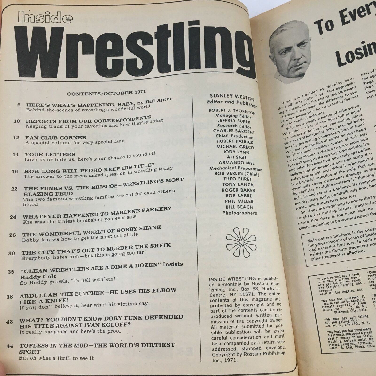 Inside Wrestling Magazine October 1971 Tarzan Taylor & Dory Funk Sr., No Label
