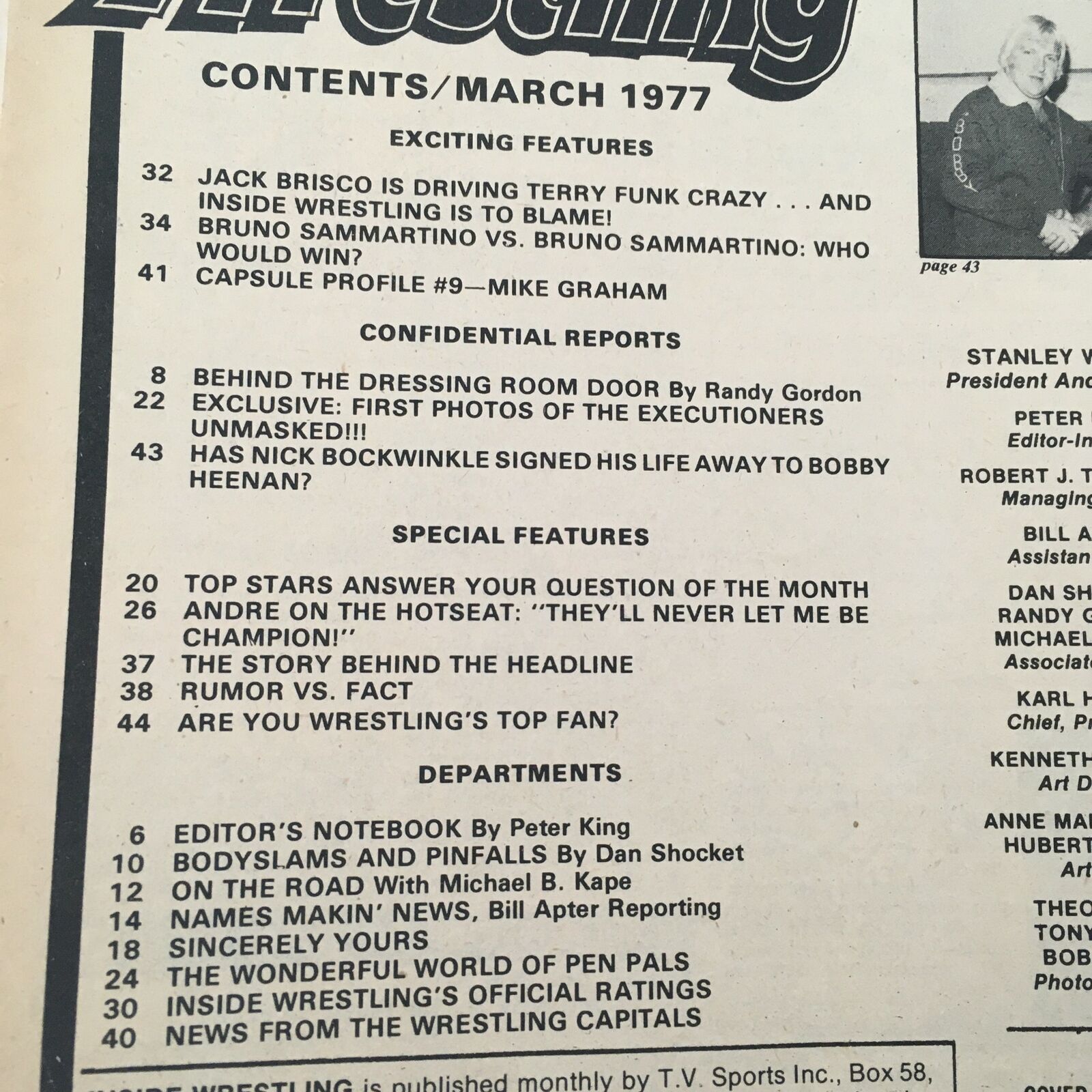 Contents page of Inside Wrestling Magazine March 1977, detailing exciting features including Jack Brisco and Andre the Giant, and various wrestling stories from the era.