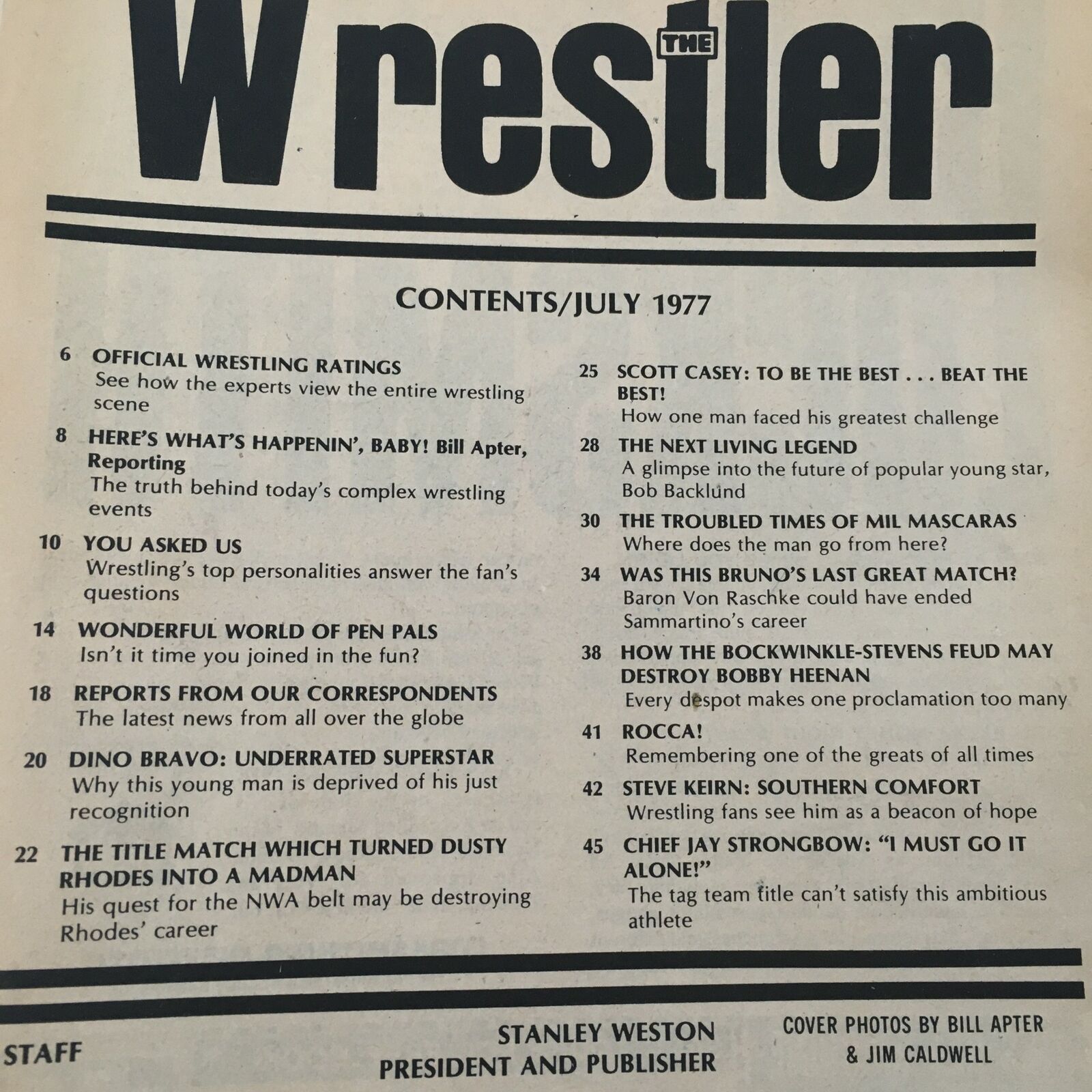 Contents page of The Wrestler Magazine July 1977 featuring topics like official wrestling ratings and articles by Bill Apter. Last Match Bruno Sammartino vs Baron von Raschke highlighted.