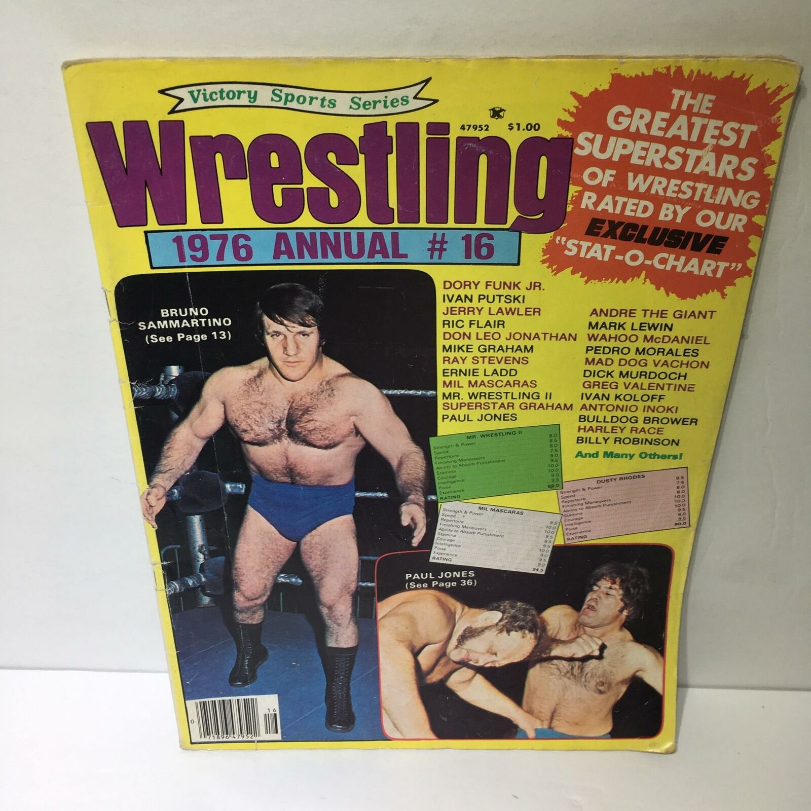Wrestling 1976 Annual #16 Magazine featuring Bruno Sammartino on the cover, showcasing various wrestling superstars and highlighting the publication's nostalgic appeal.