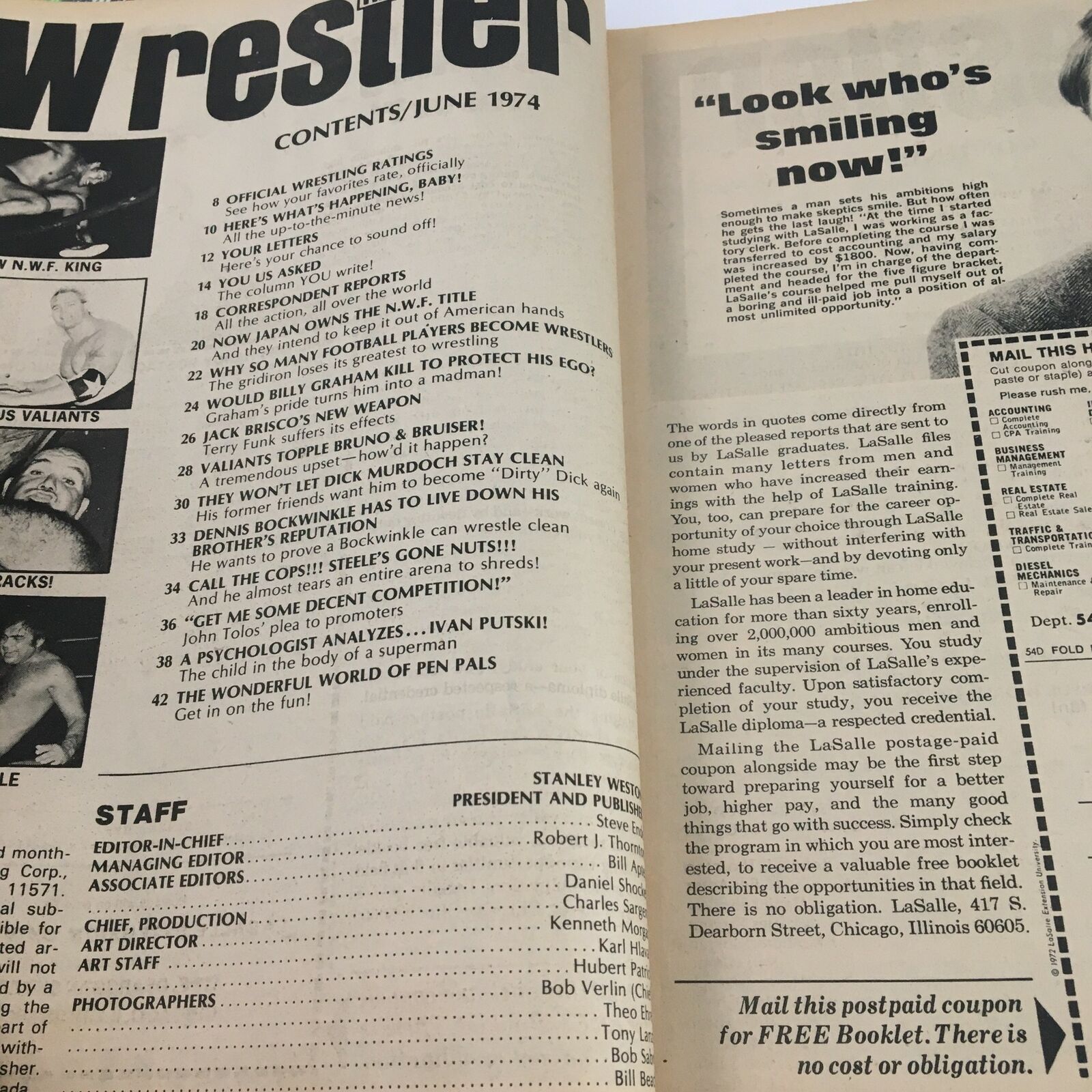 Inside page of The Wrestler Magazine June 1974 displaying the table of contents and wrestling articles, reflecting the vintage style and wrestling culture of the 1970s.