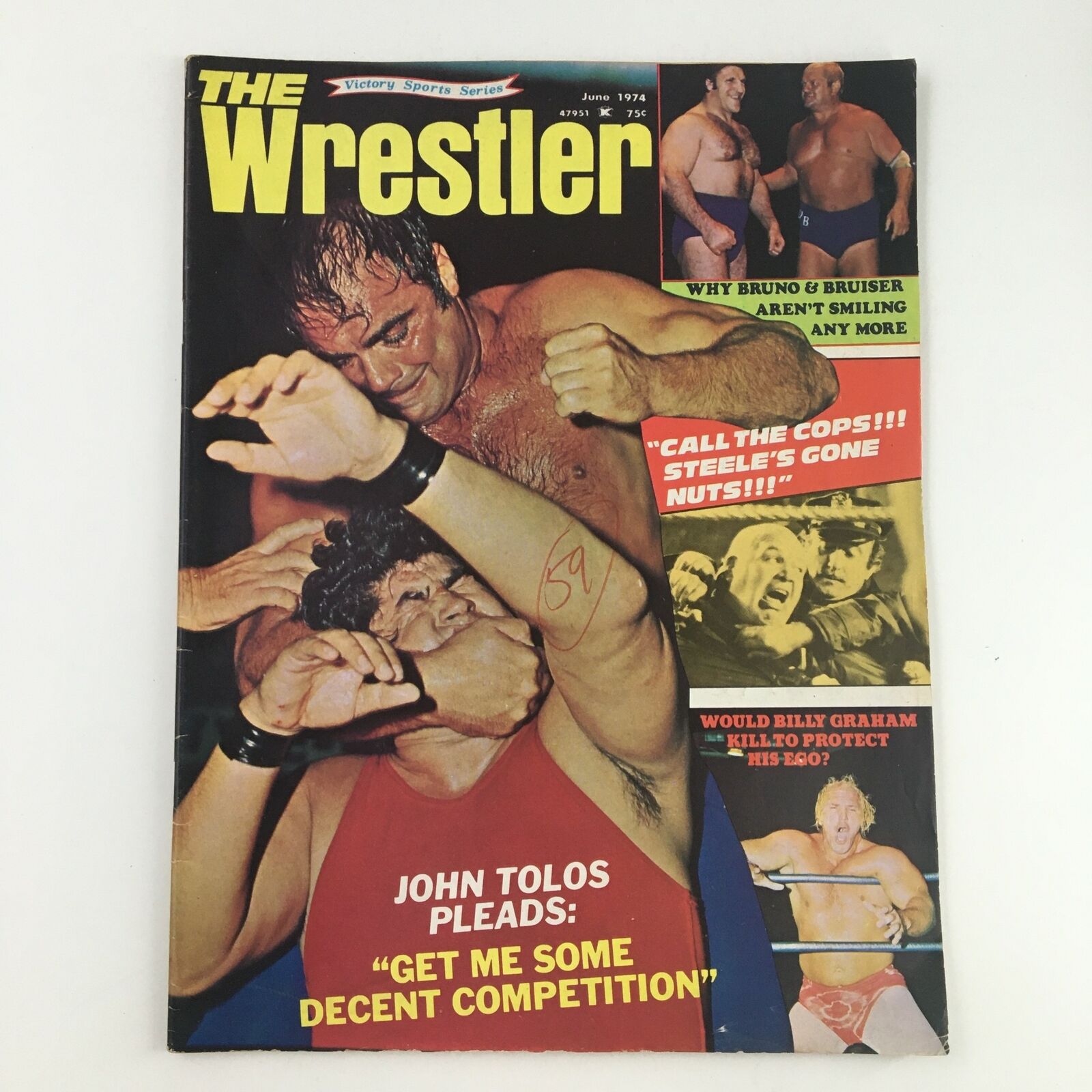 Cover of The Wrestler Magazine June 1974 featuring John Tolos grappling with an opponent, alongside text discussing wrestling competition and iconic wrestlers Bruno Sammartino and Bruiser Brody.