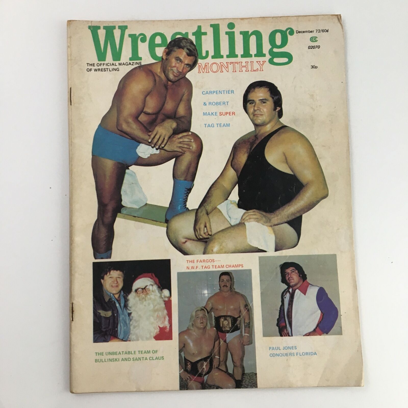 Cover of Wrestling Monthly Magazine December 1972 featuring wrestlers Carpenter and Robert, highlighting the tag team feature and showcasing cultural significance of vintage wrestling.