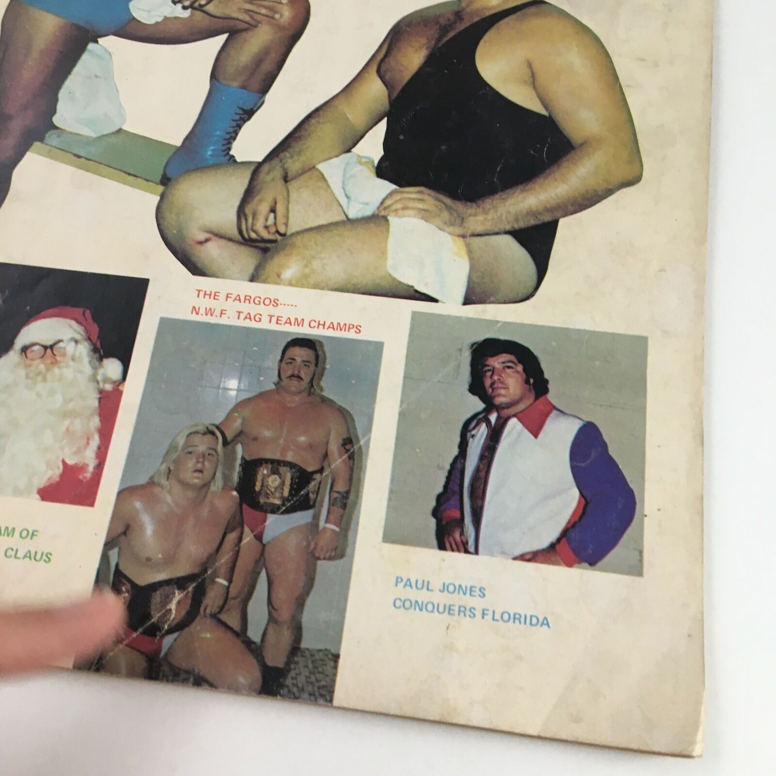 Close-up of the cover of Wrestling Monthly Magazine December 1972, highlighting the tag team feature of The Fargos and Paul Jones, showcasing the publication’s historical context in wrestling.