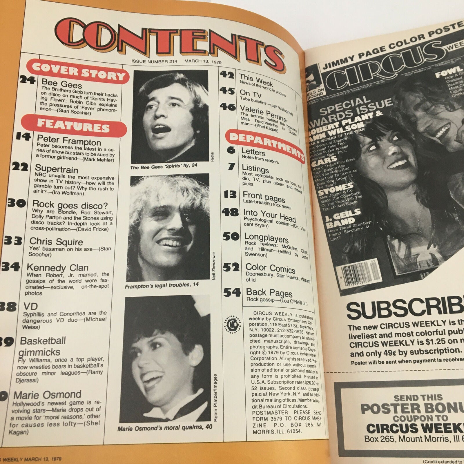 Contents page of Circus Magazine March 13, 1979 detailing the features including The Bee Gees and topics like Supertrain and Marie Osmond's moral qualms.