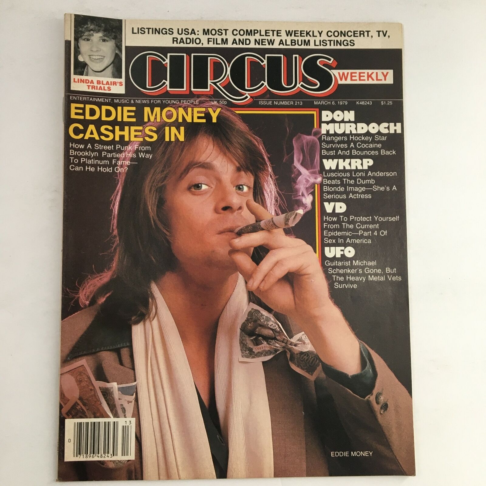 Cover of Circus Magazine dated March 6, 1979, featuring Eddie Money, with an article summary about his rise to fame, alongside promotional mentions of Linda Blair and Don Murdoch.