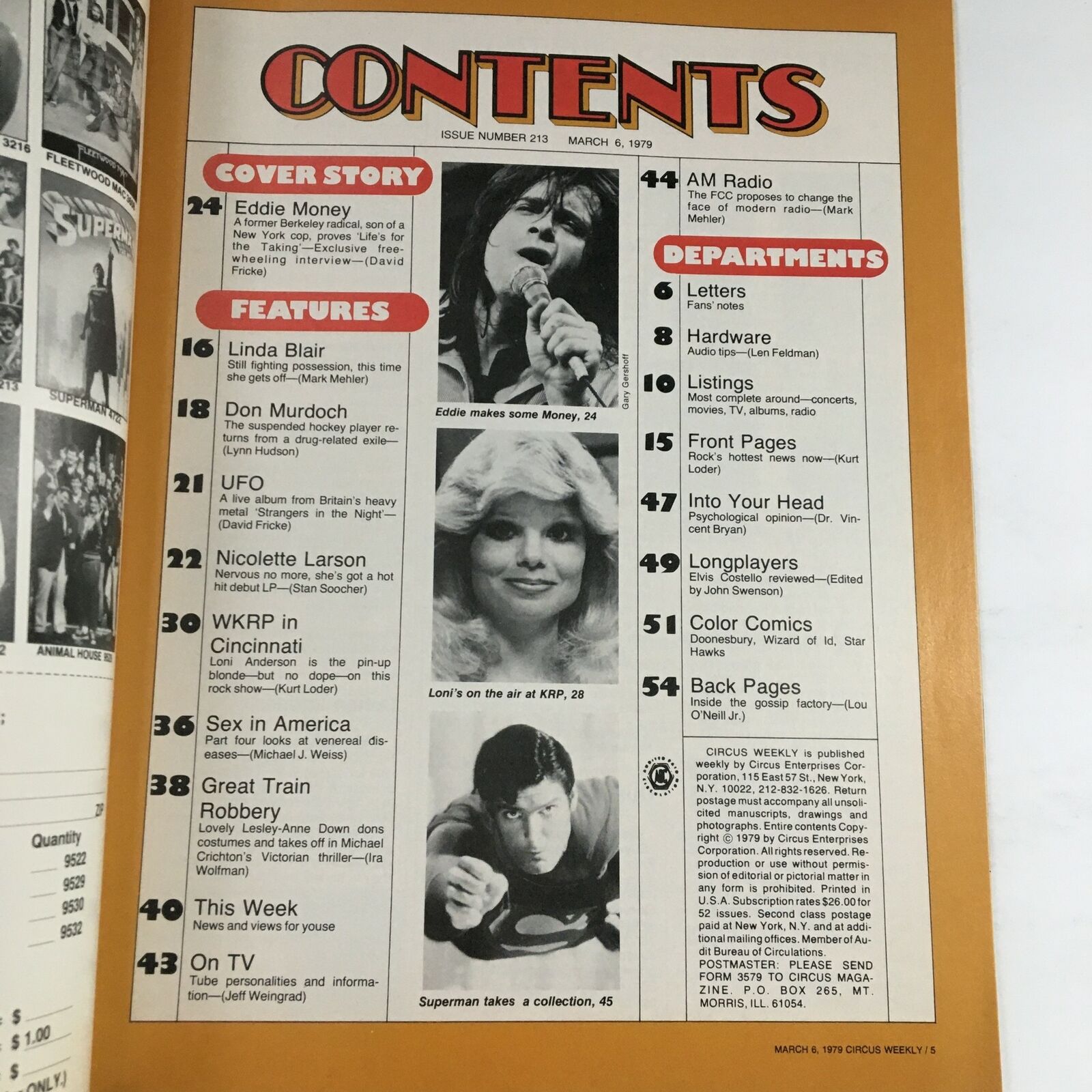 Contents page of Circus Magazine from March 6, 1979, highlighting features on Eddie Money, Linda Blair, and Don Murdoch, along with other articles and departments.