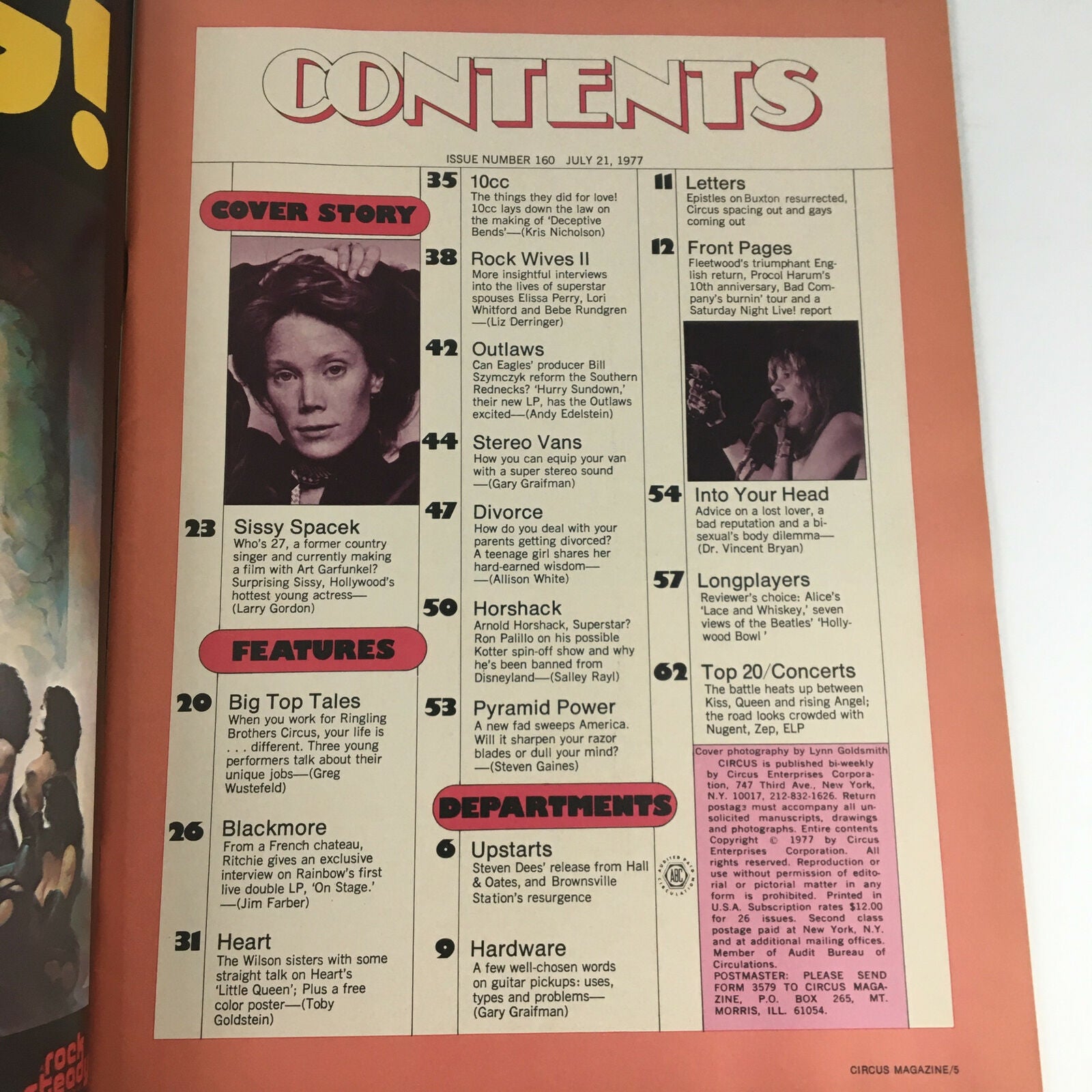 Contents page of Circus Magazine July 21 1977, highlighting the features including Sissy Spacek as cover story, rock wives section, and various music-related topics.