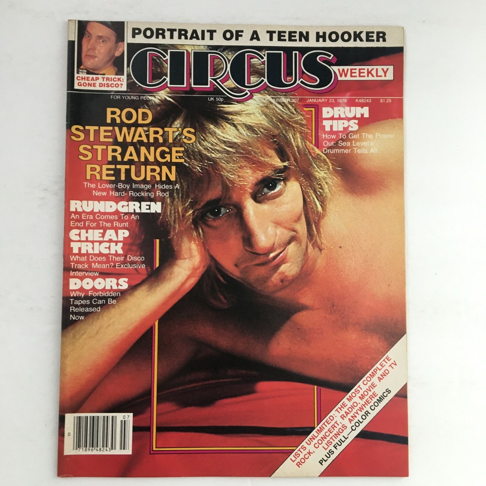 Circus Magazine January 23 1979 featuring Rod Stewart on the cover, showcasing headlines about Rod Stewart's return and articles on music icons like Cheap Trick and Rundgren, capturing the essence of 1970s rock culture.