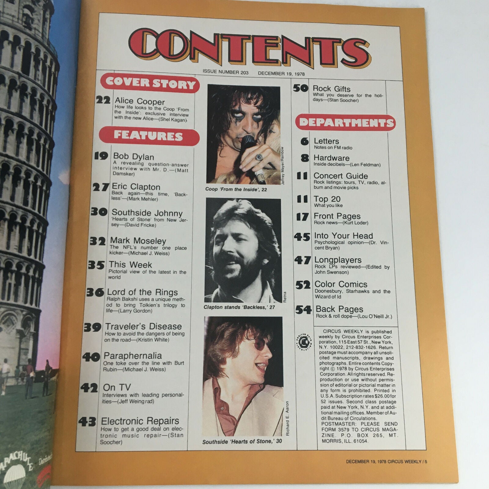 Contents page from Circus Magazine December 19, 1978, detailing features including Bob Dylan, Eric Clapton, and Alice Cooper, highlighting articles and departments in this vintage music publication.