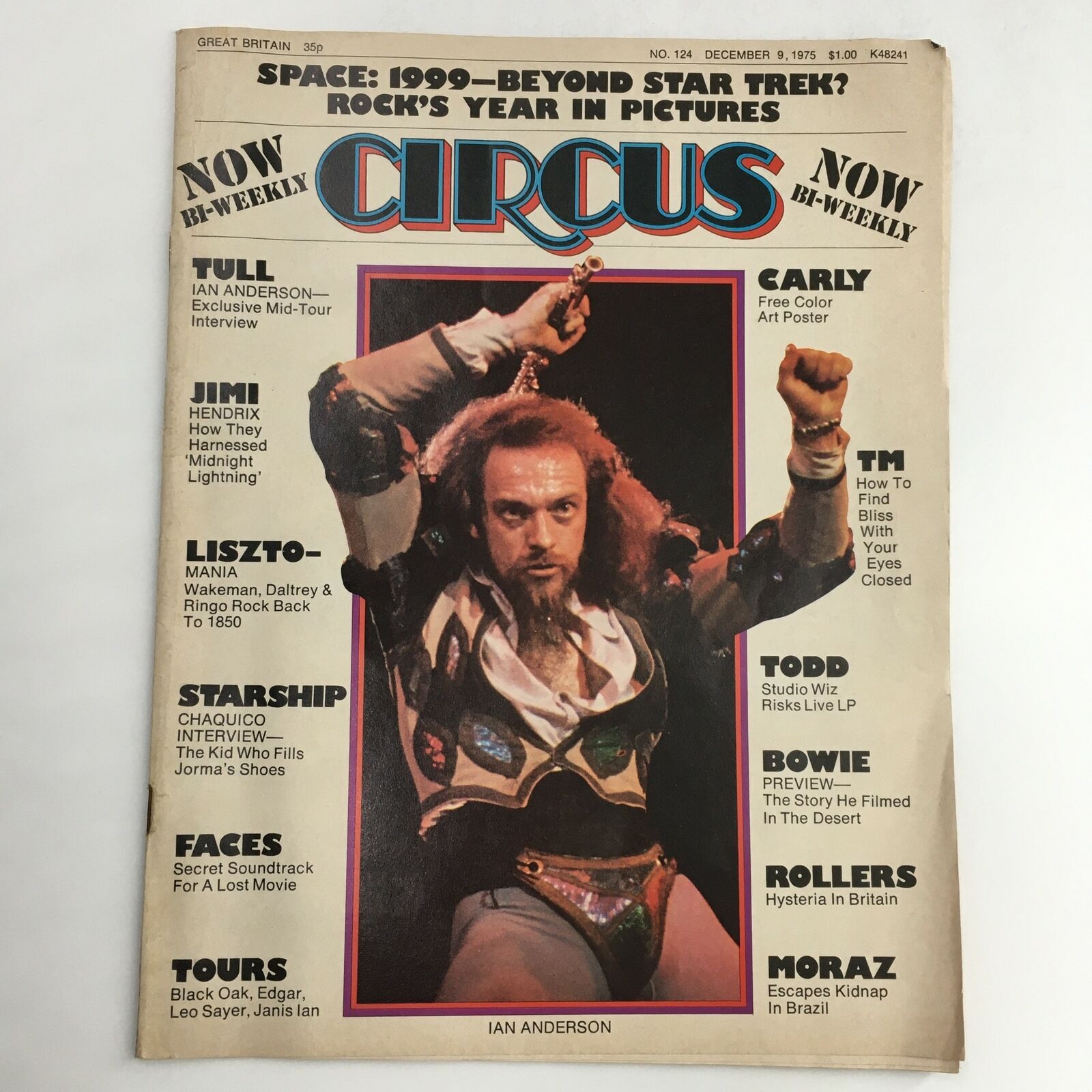 Cover of Circus Magazine dated December 9, 1975, featuring Ian Anderson and Jimi Hendrix, showcasing music highlights of the 1970s with articles on notable artists, vibrant graphics, and the magazine's unique bi-weekly format.