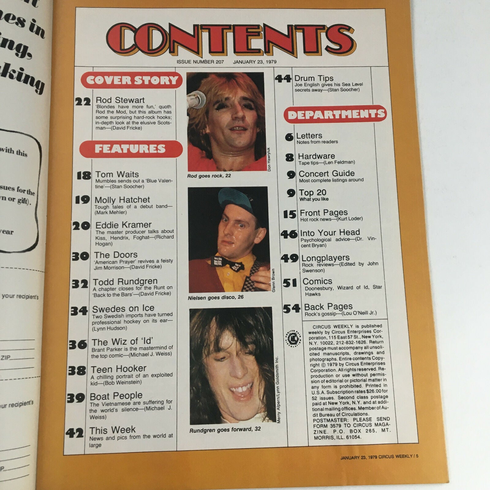 Contents page of Circus Magazine January 23 1979, showcasing features on Rod Stewart, Cheap Trick, and more, emphasizing the magazine's diverse rock music coverage.