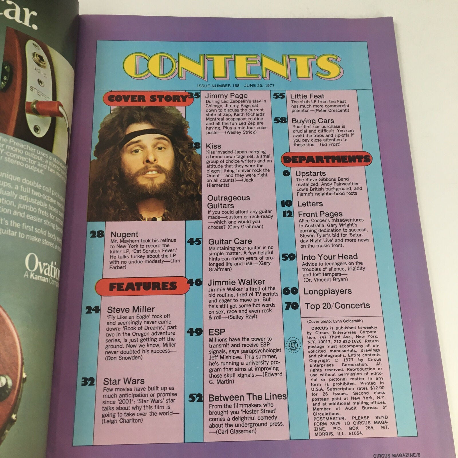Contents page of Circus Magazine June 23 1977 featuring Ted Nugent and Jimmy Page, including article titles and feature highlights.