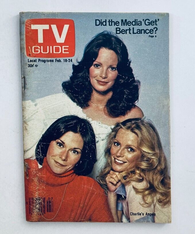 Cover of TV Guide Magazine from February 18, 1978 featuring Charlie's Angels, showcasing the iconic trio with the headline 'Did the Media 'Get' Bert Lance?' This collectible issue is in pristine condition, perfect for fans of classic television.