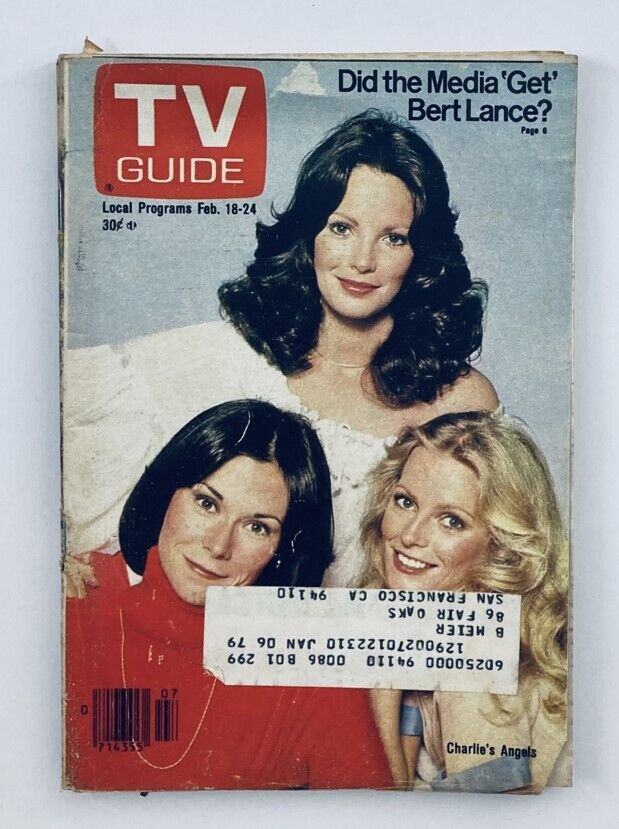 Cover of TV Guide Magazine February 18 1978 #1299 featuring Jaclyn Smith and other actresses, promoting 'Charlie's Angels' and discussing media topics.