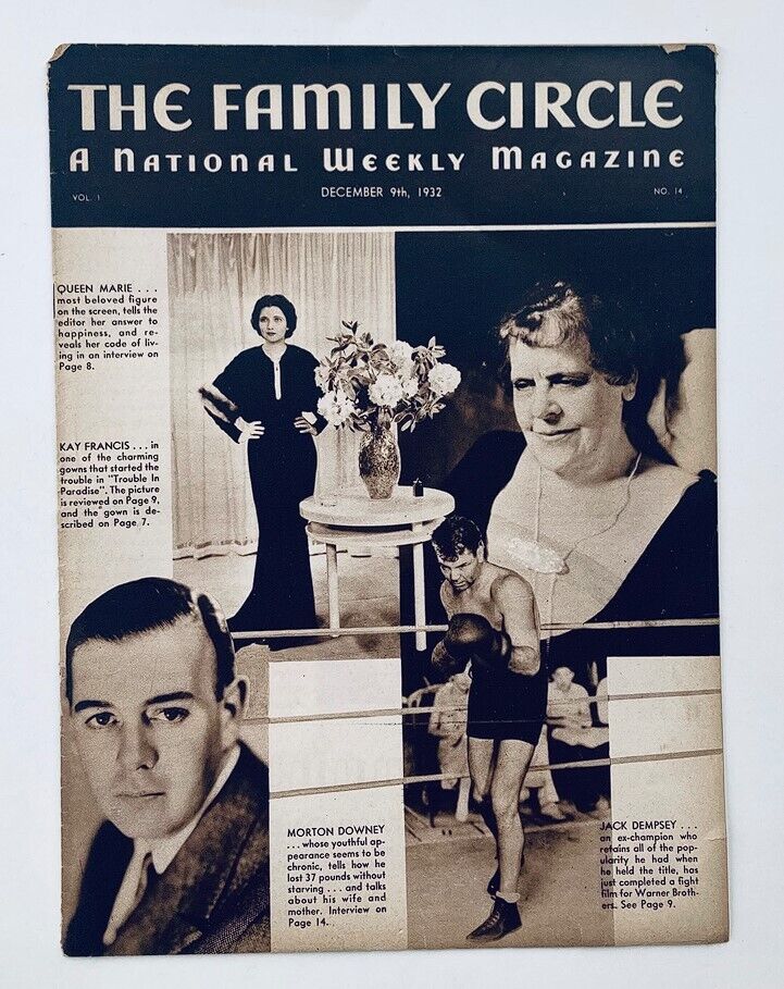 Cover of VTG The Family Circle Magazine, December 9, 1932, featuring Queen Marie alongside articles about Kay Francis, Morton Downey, and Jack Dempsey, showcasing vintage artwork and early 20th-century culture.