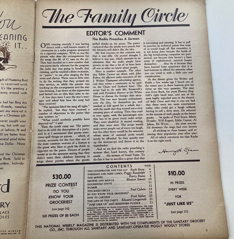 Inside view of VTG The Family Circle Magazine December 9 1932 showcasing the Editor's Comment section and contents list, reflecting the magazine's focus and historical context.