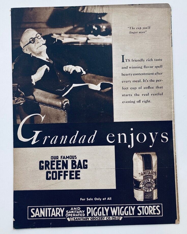 Vintage advertisement for Sanitary Piggly Wiggly Stores in the VTG The Family Circle Magazine December 9 1932, featuring an older gentleman enjoying coffee, highlighting mid-20th century marketing.