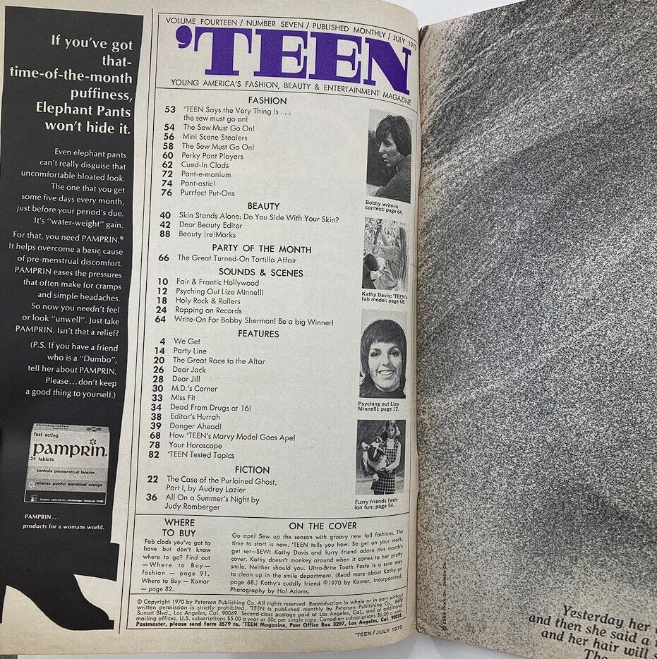 Interior page of VTG 'Teen Magazine July 1970 Vol 14 #7 featuring contents and article previews, including fashion, beauty, and entertainment sections.