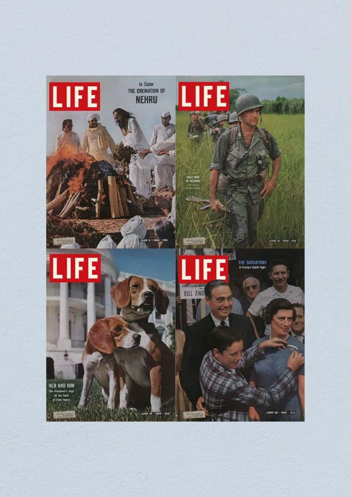 Cover images from a Life Magazine Lot of 4 Full Month June 1964, featuring significant moments from the Civil Rights Era. Includes the Cremation of Nehru (June 5), the Ugly War in Vietnam (June 12), presidential pets: The Beagle Dogs (June 19), and a family portrait with Bill and his family (June 26).