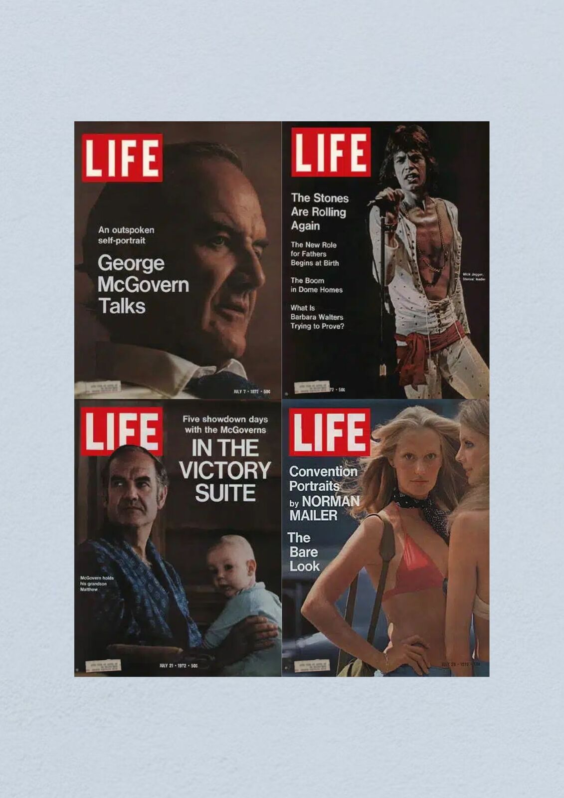 Life Magazine July 1972 lot of 4 featuring covers from July 7, 14, 21, and 28 showcasing George McGovern, Mick Jagger of The Rolling Stones, and notable political and cultural themes of the era.