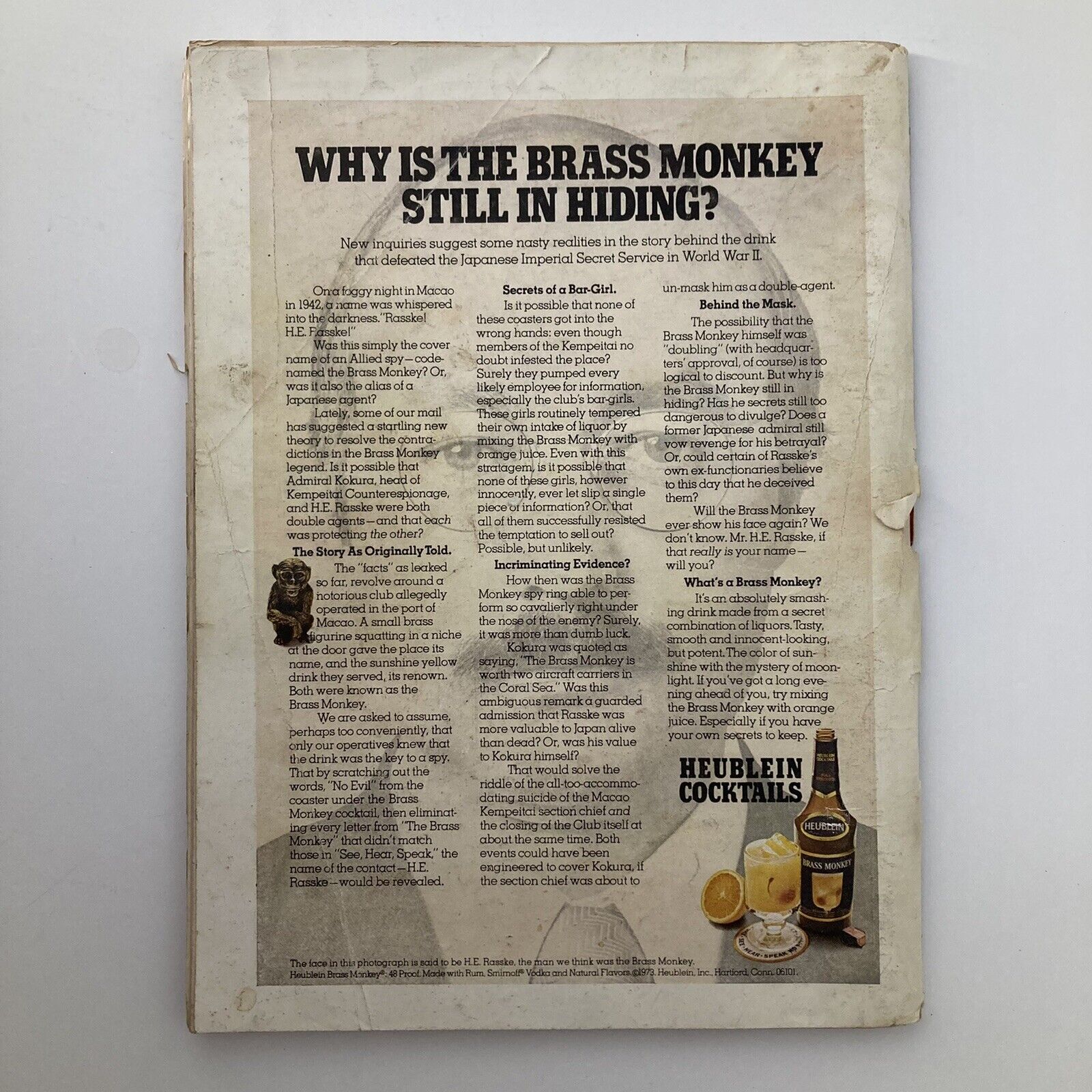 Back cover of the Vintage Playboy Magazine December 1973 featuring the article 'Why Is the Brass Monkey Still in Hiding?' along with a Heublein Cocktails advertisement.