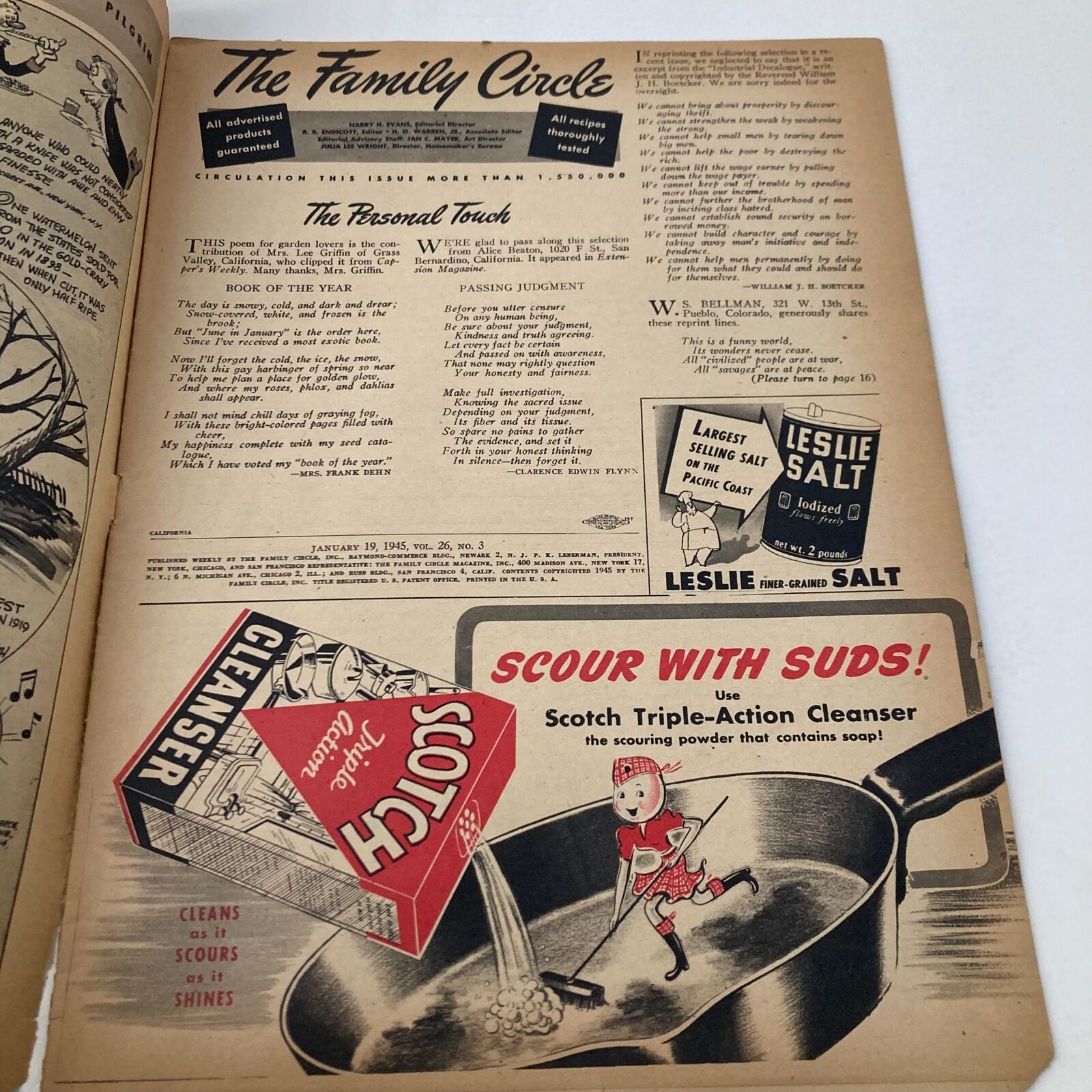Interior page of VTG The Family Circle Magazine January 19, 1945 showcasing articles and vintage advertisements.
