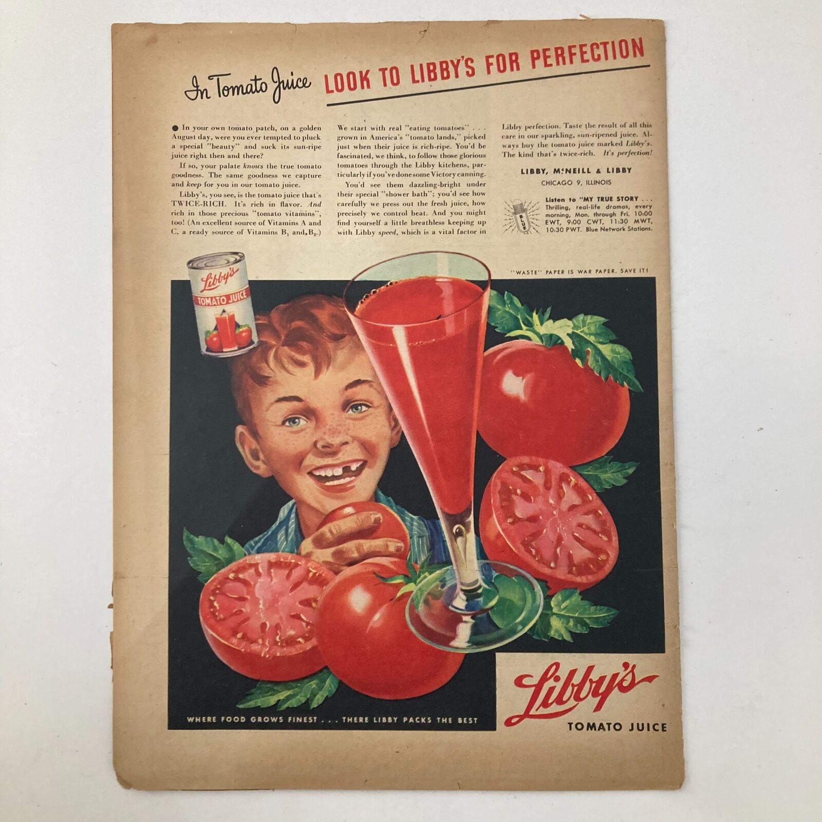 VTG The Family Circle Magazine January 19 1945 featuring a vintage advertisement for Libby's Tomato Juice, showcasing a smiling boy holds a glass of tomato juice surrounded by fresh tomatoes, capturing the essence of 1940s marketing.