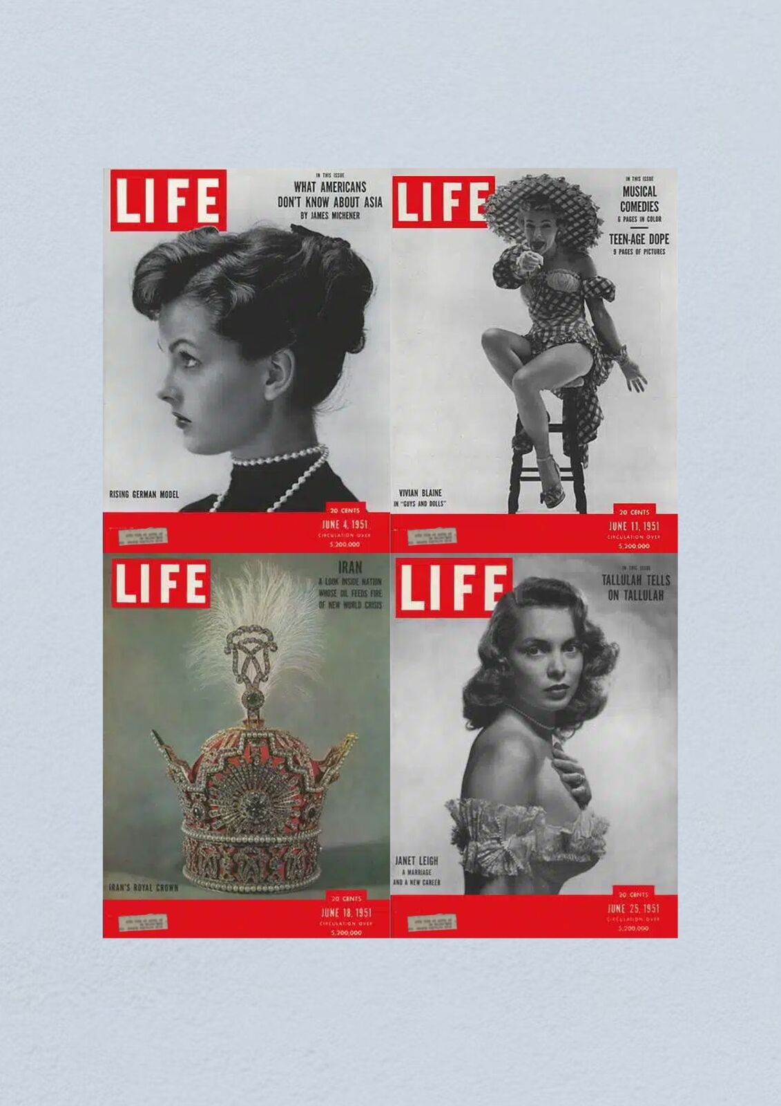 Life Magazine Lot of 4 Full Month June 1951 covers showcasing icons of the era: German model, actress Vivian Blaine from 'Guys and Dolls', Iran's royal crown, and actress Janet Leigh. Issues from June 4, 11, 18, and 25.