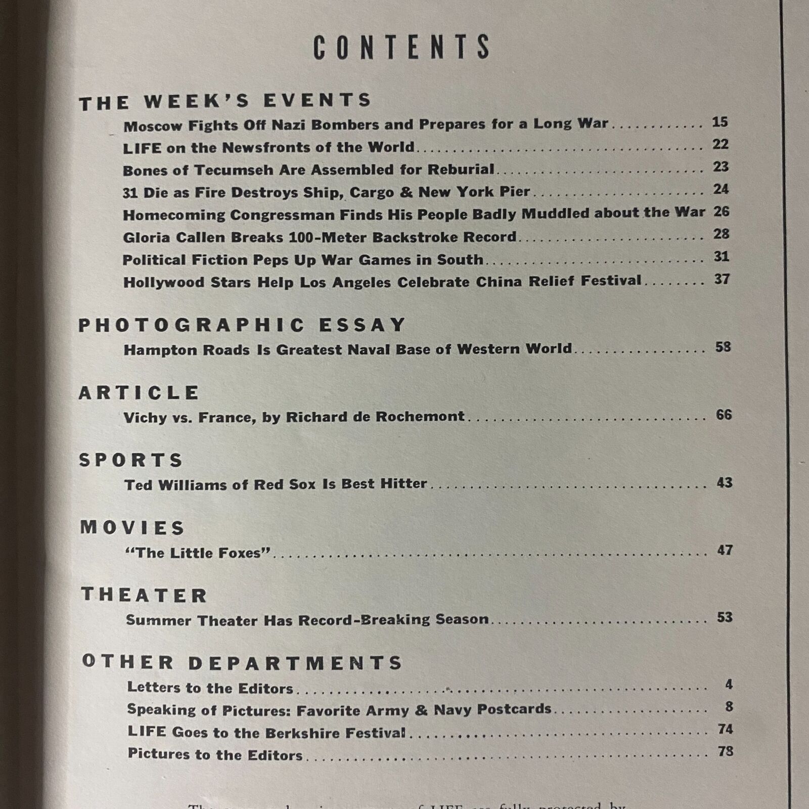 Contents page of Life Magazine September 1, 1941, highlighting notable articles including a feature on Ted Williams as the best hitter of the Boston Red Sox and significant global events of the time.