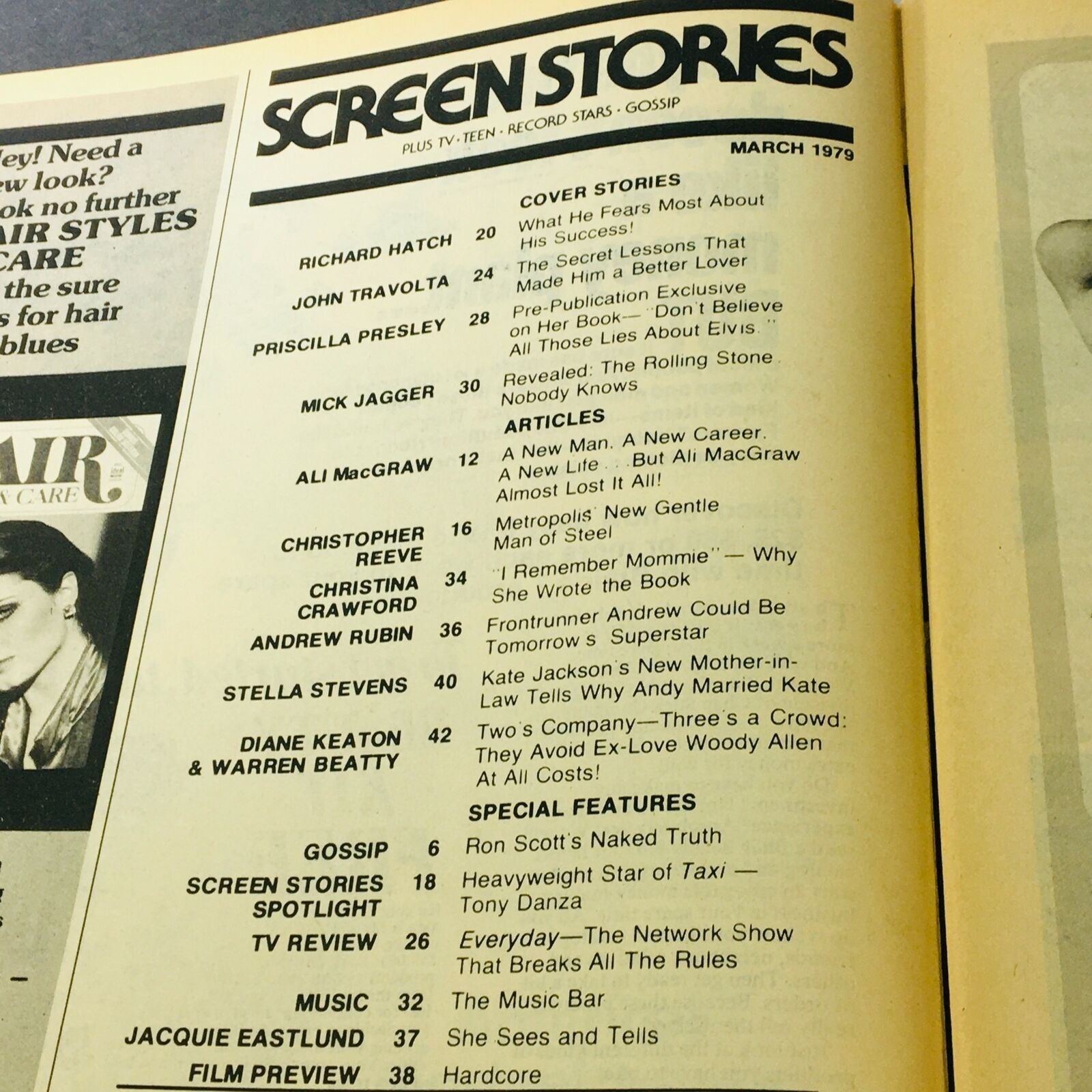 Cover page of VTG Screen Stories Magazine from March 1979 featuring Priscilla Presley and John Travolta, along with articles and features about celebrities, including Richard Hatch, Ali MacGraw, and Christopher Reeve.