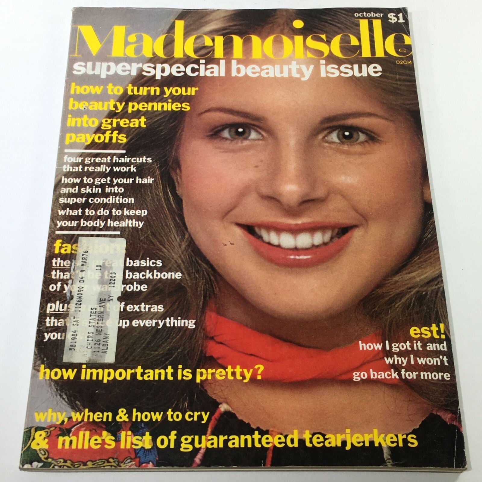 Cover of VTG Mademoiselle Magazine: October 1975 featuring a Super Special Beauty issue, showcasing a smiling model with natural makeup, surrounded by beauty tips and fashion headlines.
