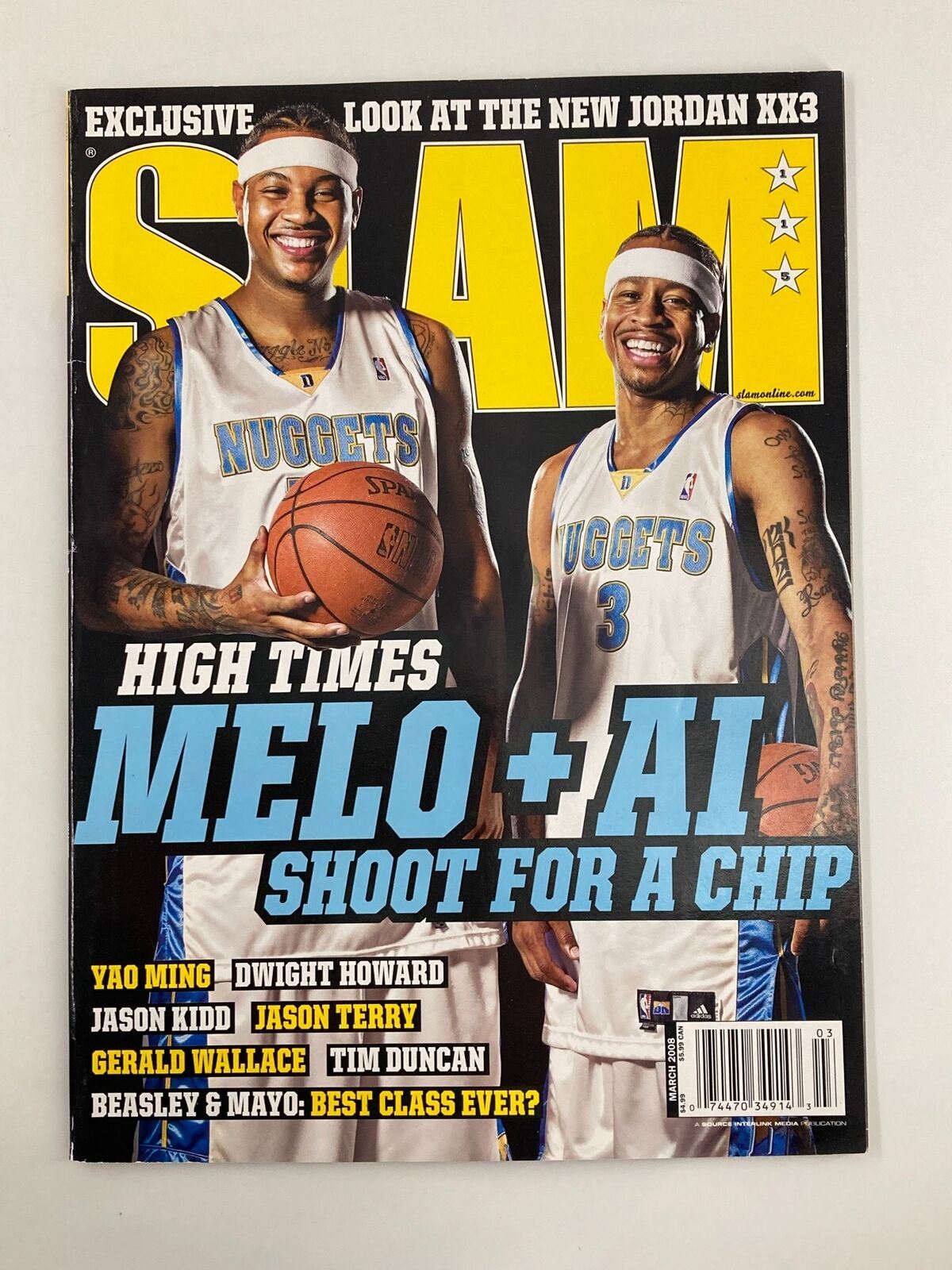 Slam Magazine March 2008 featuring NBA stars Carmelo Anthony and Allen Iverson on the cover, highlighting their collaboration for a basketball championship. The cover includes vivid colors and notable features of players in Denver Nuggets uniforms.