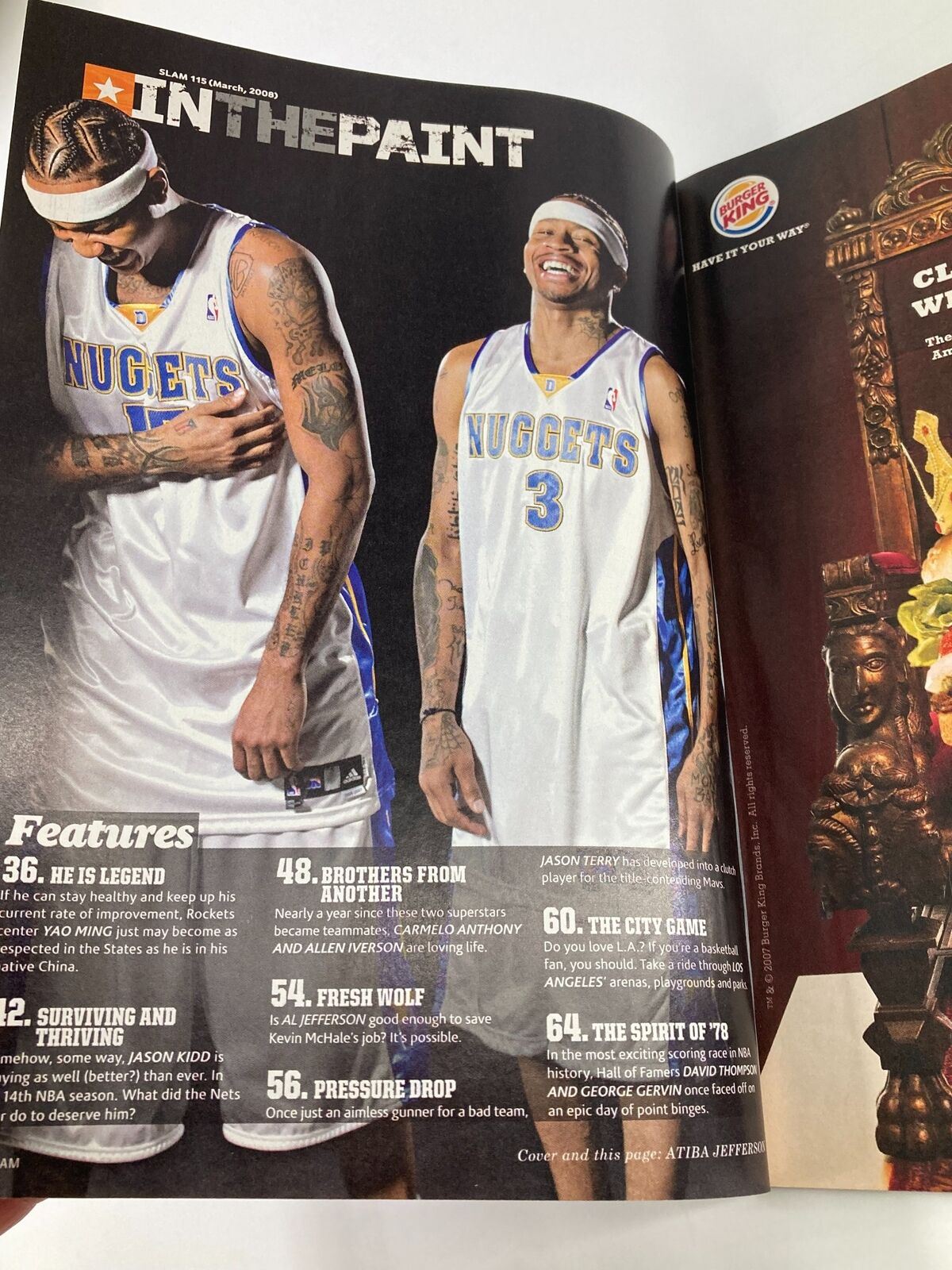 Slam Magazine March 2008 NBA featuring Allen Iverson and Carmelo Anthony, showcasing their portraits in a page layout with a focus on basketball culture.
