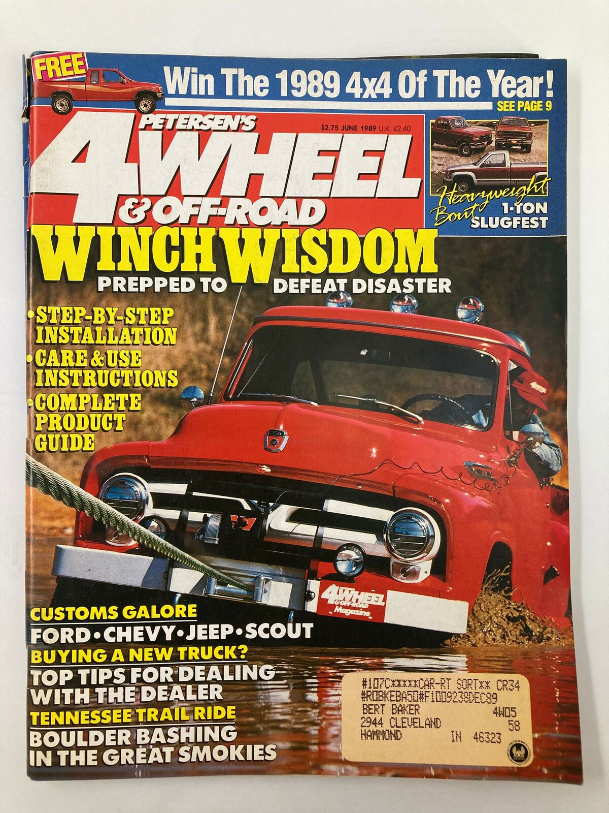 Cover of Petersen's 4 Wheel & Off-Road Magazine from June 1989 showcasing the theme 'Winch Wisdom: Prepped to Defeat Disaster,' featuring a red truck in a waterlogged setting with off-roading tips and articles.