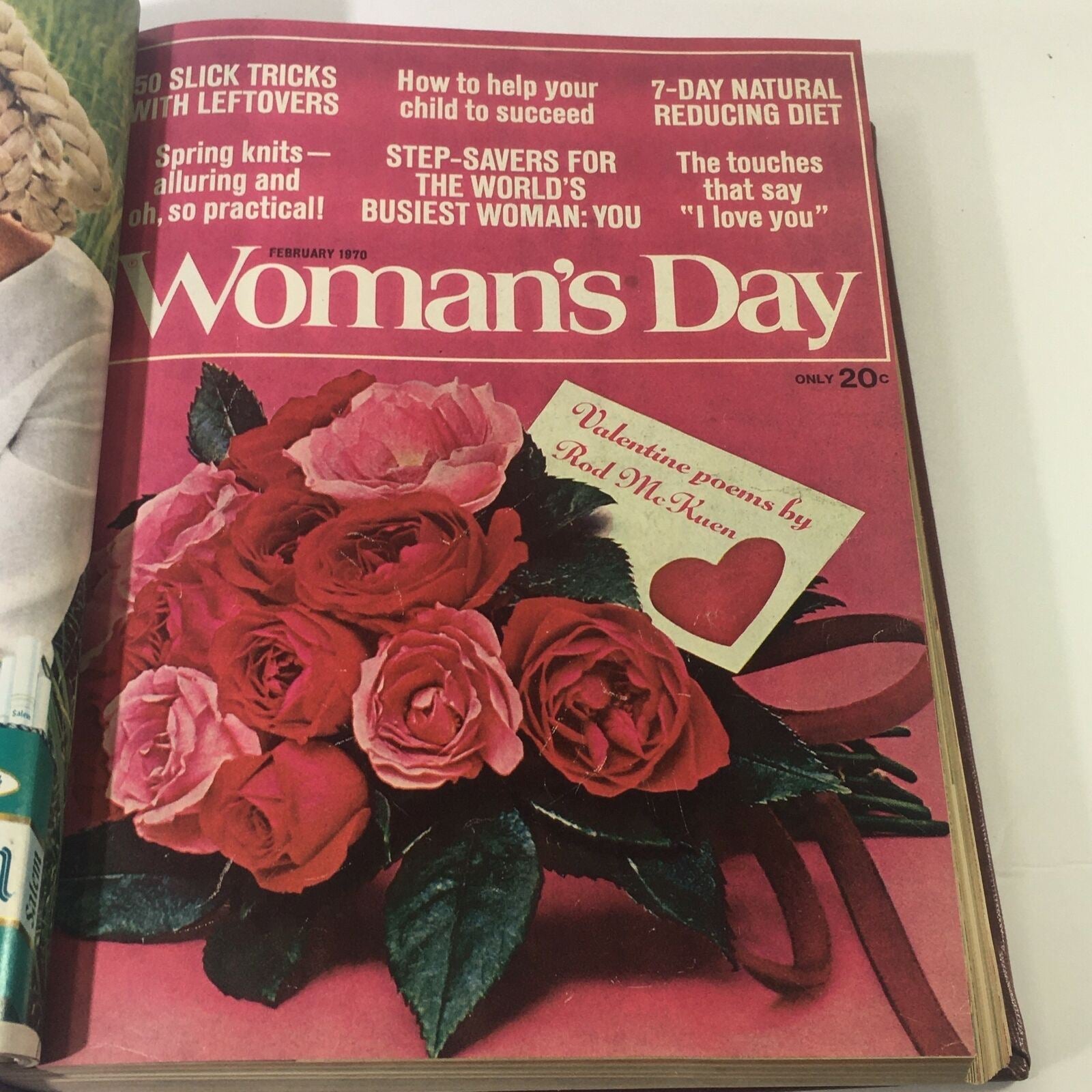February 1970 cover of the Woman's Day Magazine displaying a bouquet of roses with the title and articles focused on love and practical tips.