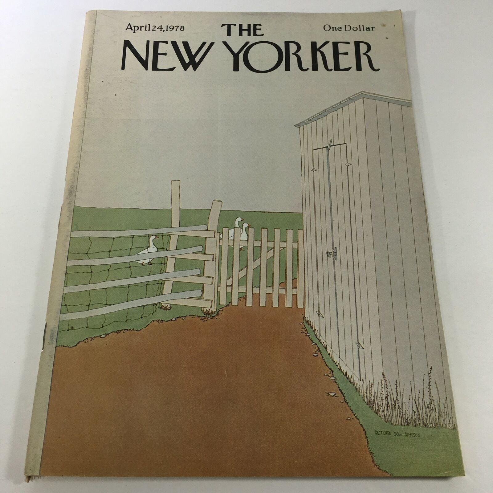 VTG The New Yorker Magazine April 24 1978 featuring a full theme cover illustration by Gretchen Dow Simpson, showcasing a rural scene with a fence and a shed, reflecting the artistic style of the era.