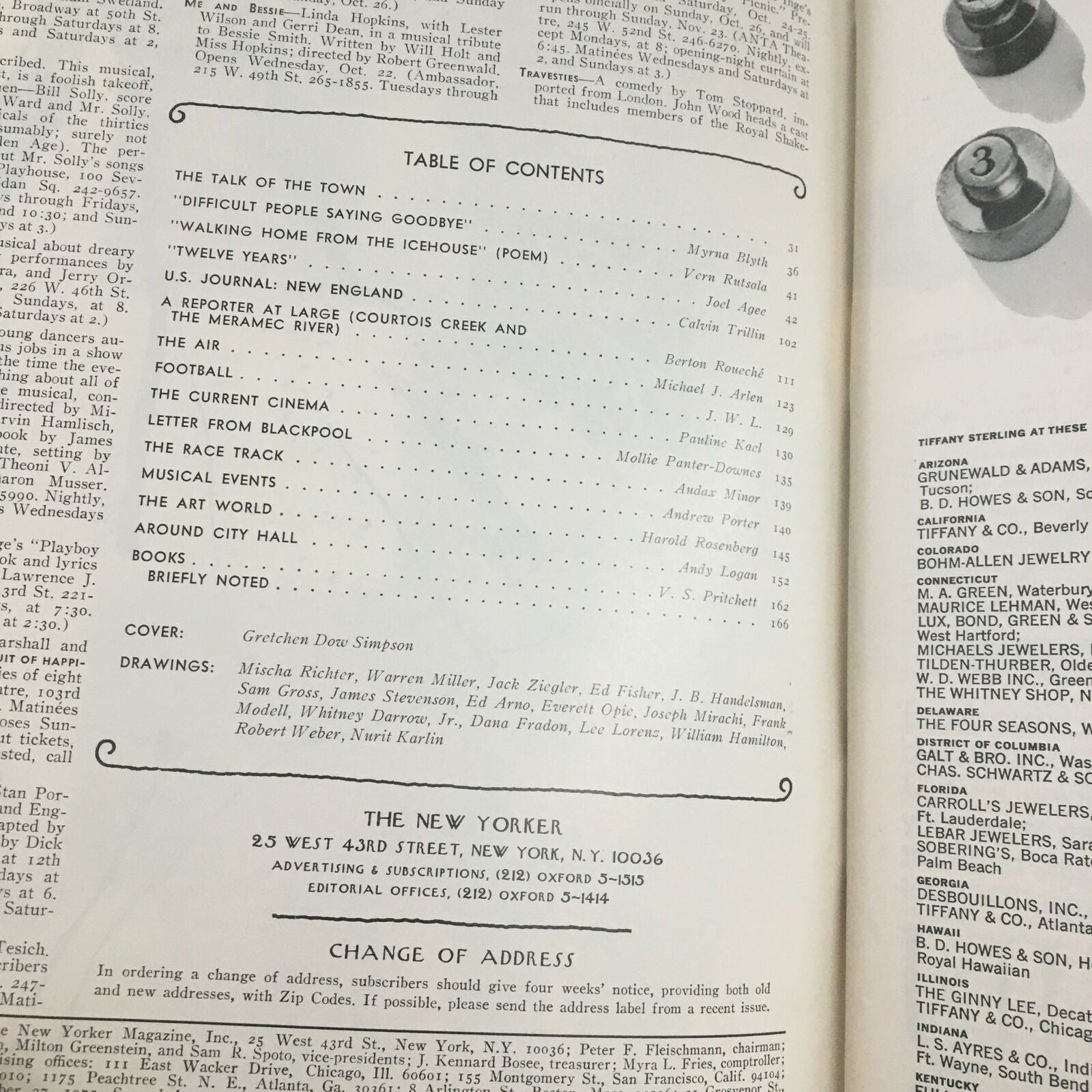 Table of contents page from The New Yorker Magazine, October 27, 1975, listing articles including 'Farm Life' by Gretchen Dow Simpson and various contributors.