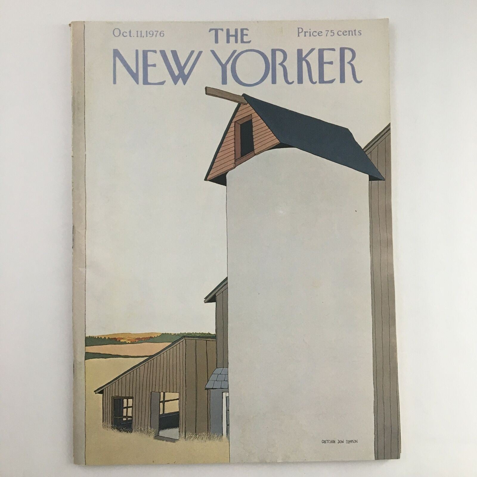 Cover of The New Yorker Magazine from October 11, 1976 featuring Gran Silo Barn by Gretchen Dow Simpson, showcasing a minimalist barn landscape with muted colors and simple architecture.