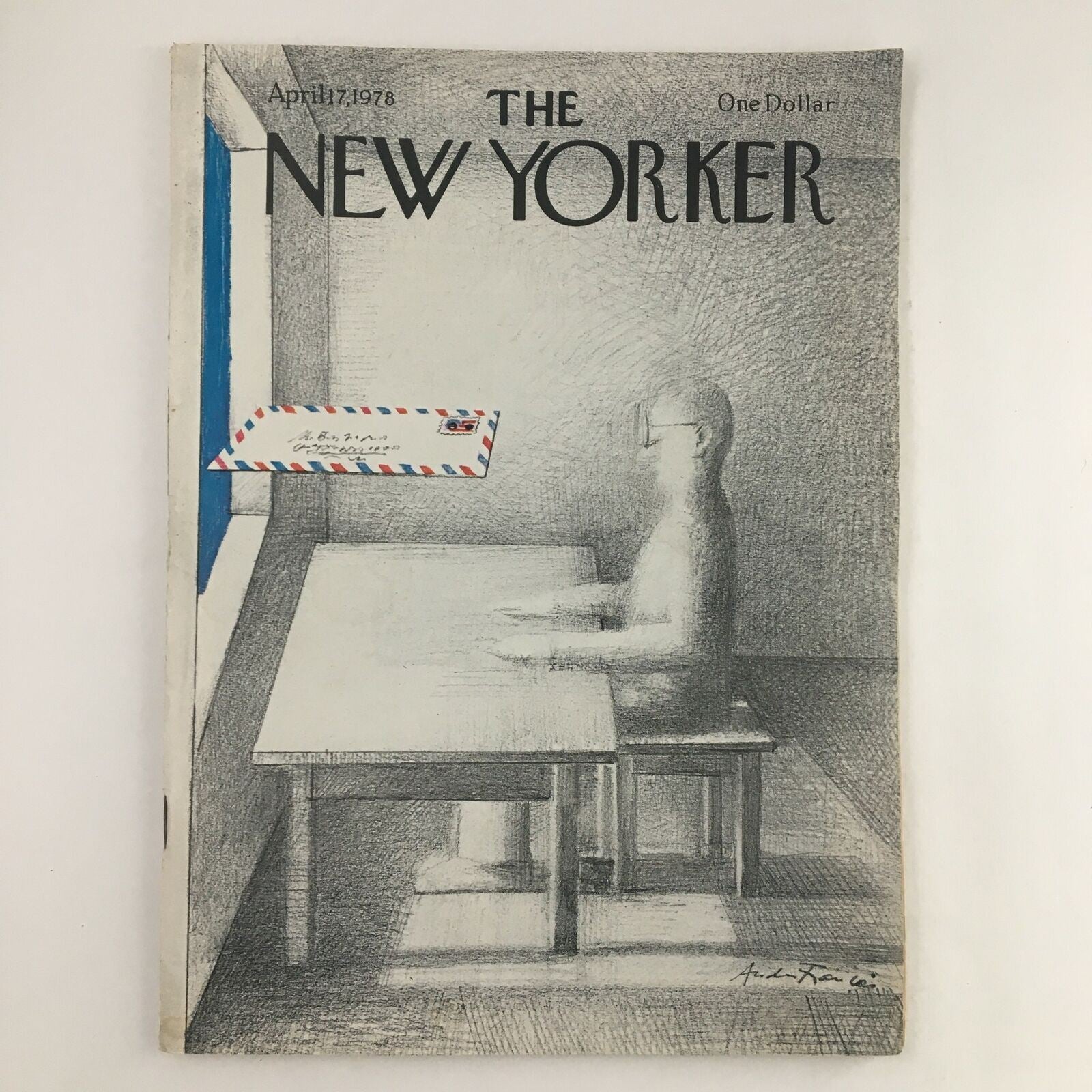 Cover of The New Yorker Magazine from April 17, 1978 featuring 'Mail Man' illustration by André François, depicting a humanoid figure seated at a table with an envelope in view.