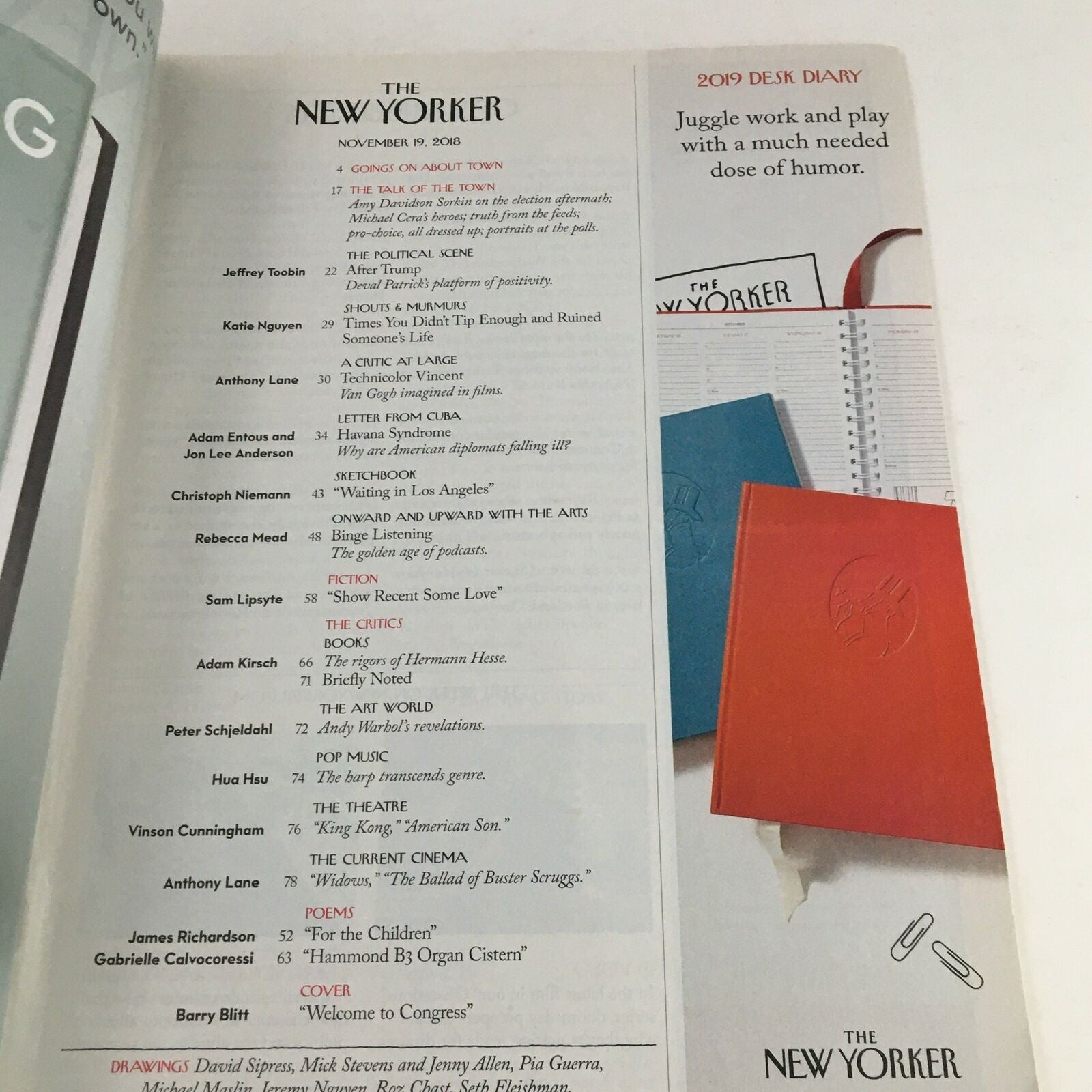 Table of contents for The New Yorker Full Magazine November 19 2018, detailing articles and contributors.