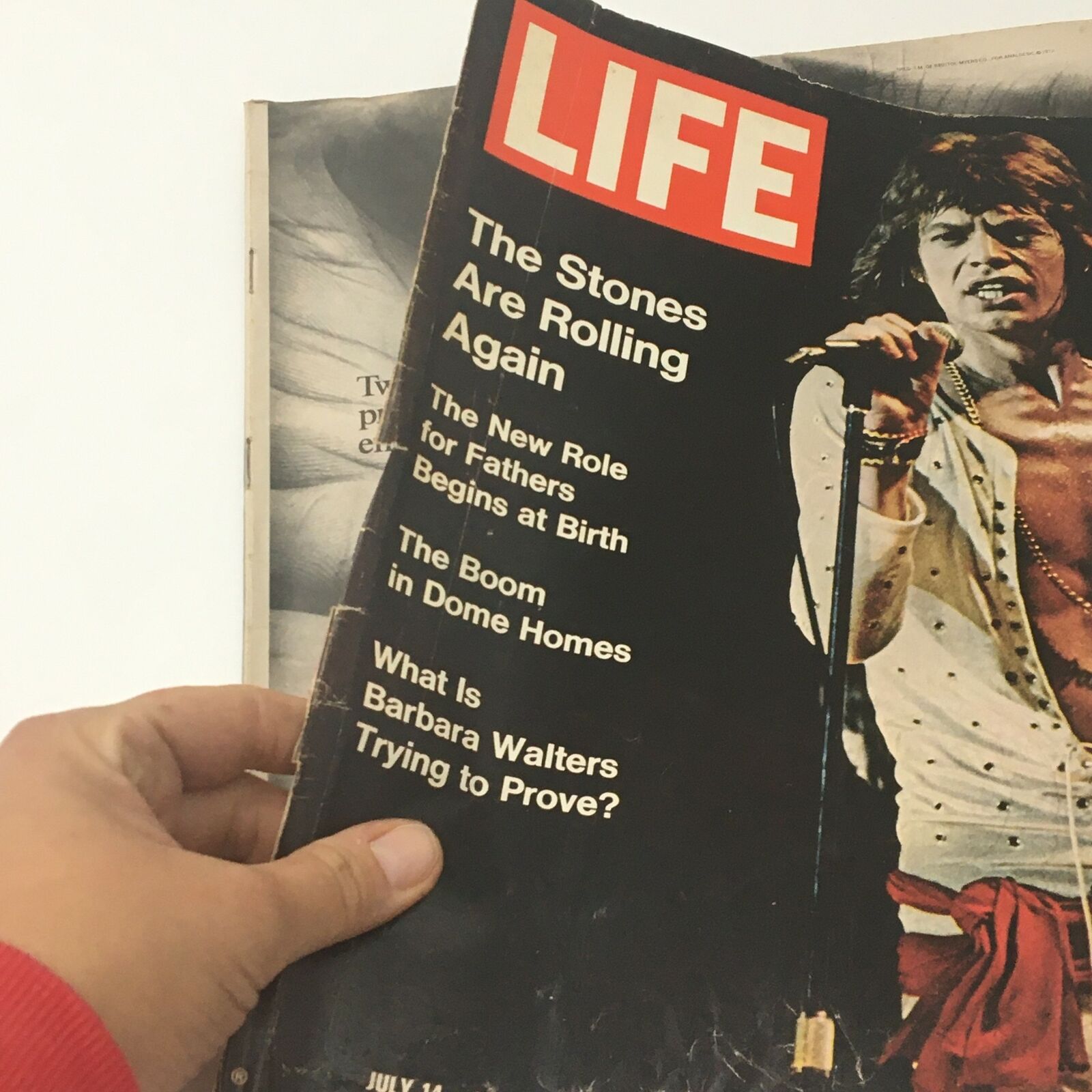Close-up view of VTG Life Magazine July 14 1972 with Mick Jagger cover, highlighting articles and features within, emphasizing its collectible status.
