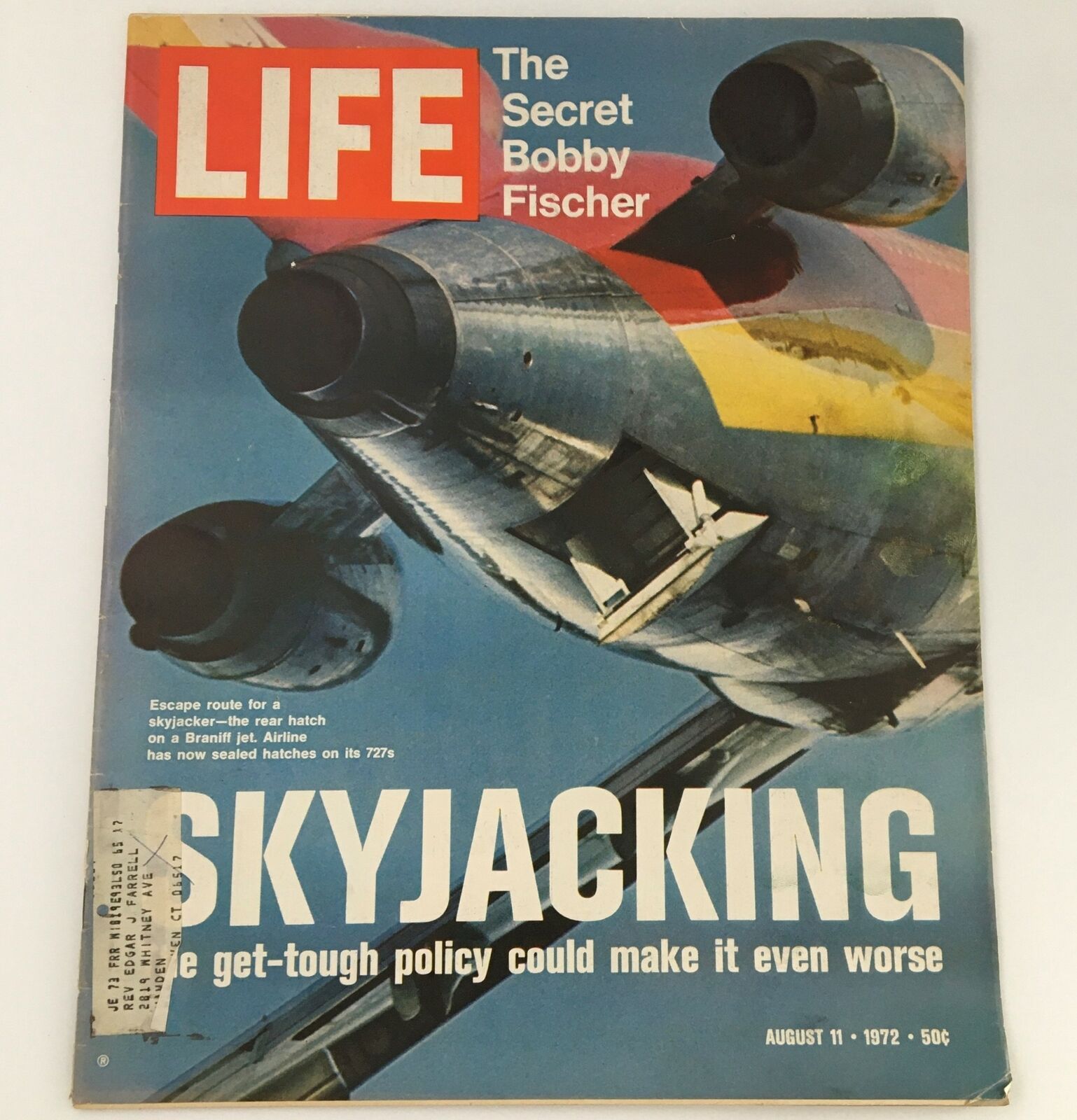 VTG Life Magazine August 11, 1972 featuring The Secret Bobby Fischer and a striking Braniff jet cover, showcasing aviation history and cultural significance from the 1970s.