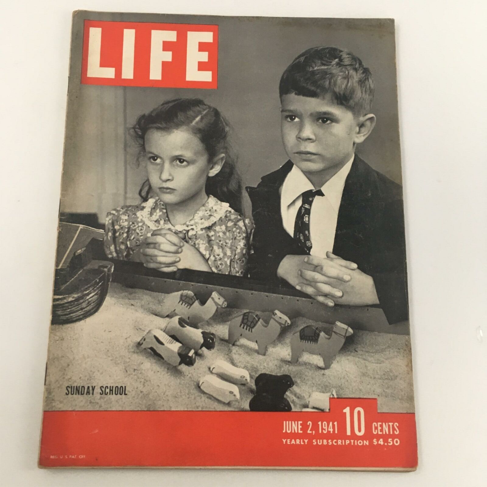 Cover of VTG Life Magazine from June 2, 1941, featuring children at a Sunday School with a backdrop of toys and the iconic red 'LIFE' logo.