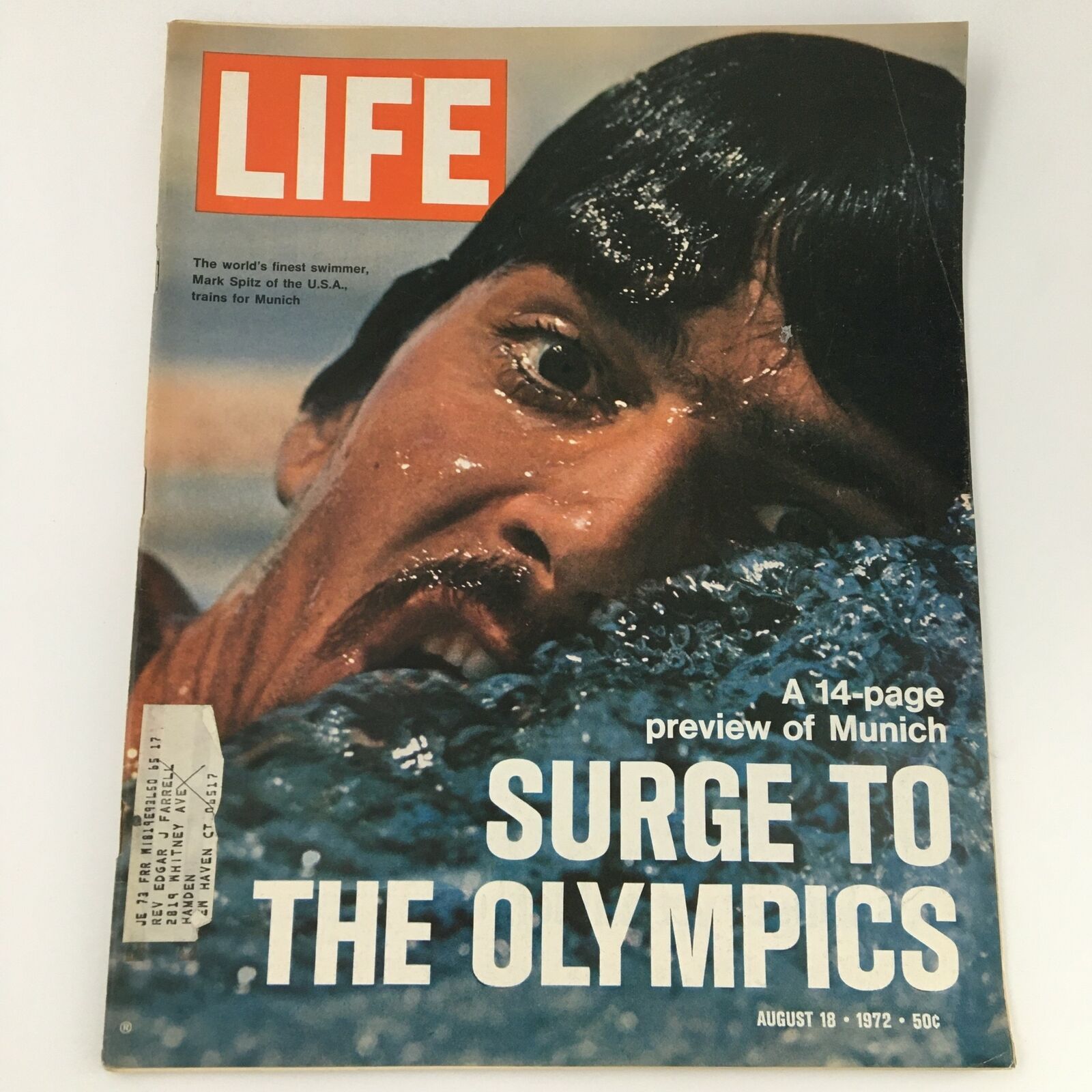 VTG Life Magazine August 18 1972 featuring swimmer Mark Spitz of the U.S.A. Team on the cover, highlighting the intense moment in water as he prepares for the Munich Olympics.